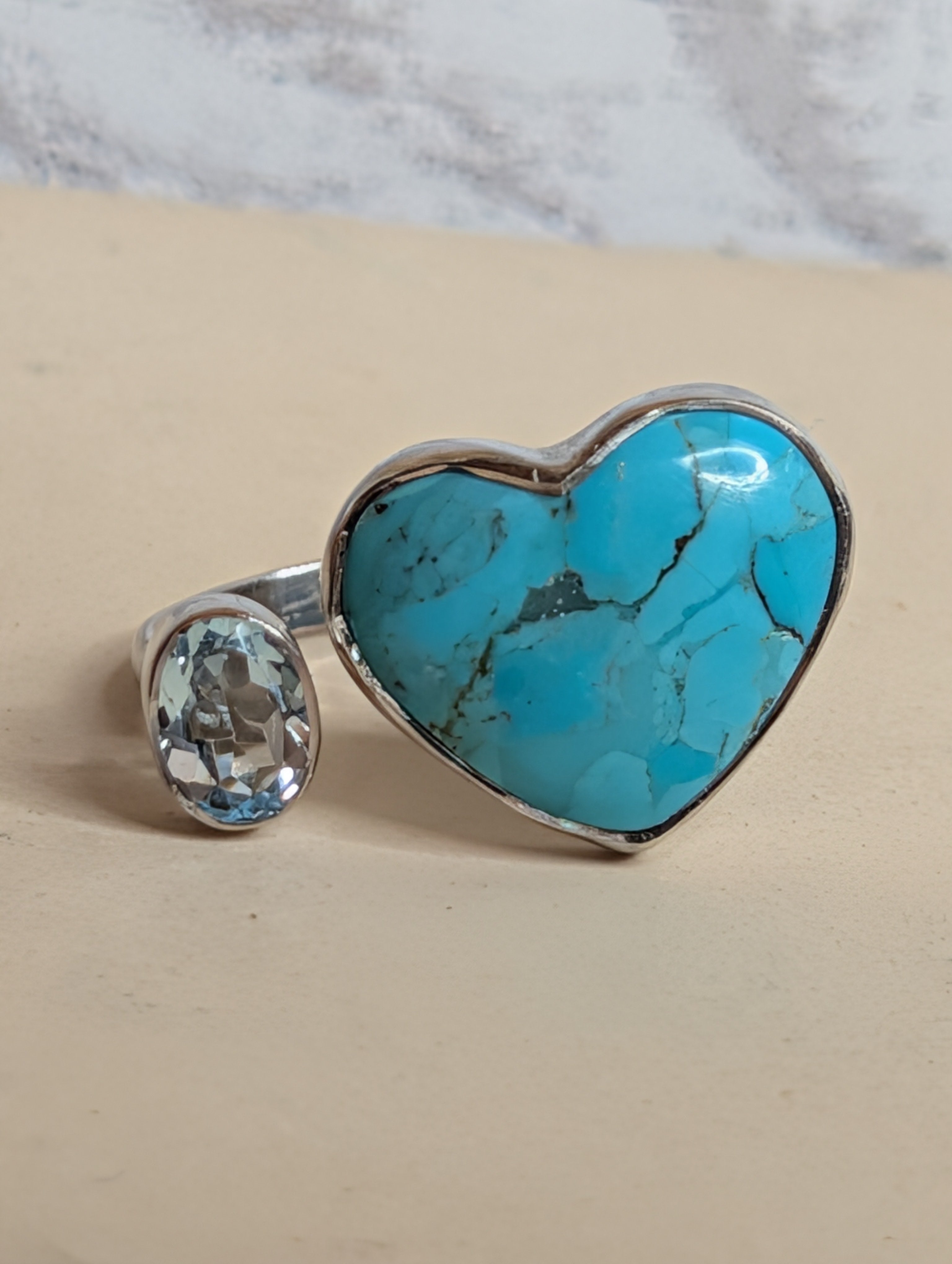 Kingman Turquoise Heart & Oval Shaped Blue Topaz Sterling Silver Adjustable Ring