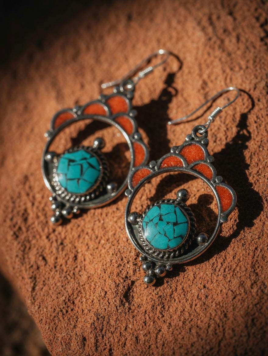 Vintage Coral & Turquoise Intricate Etched Silver Round Dangle Earrings