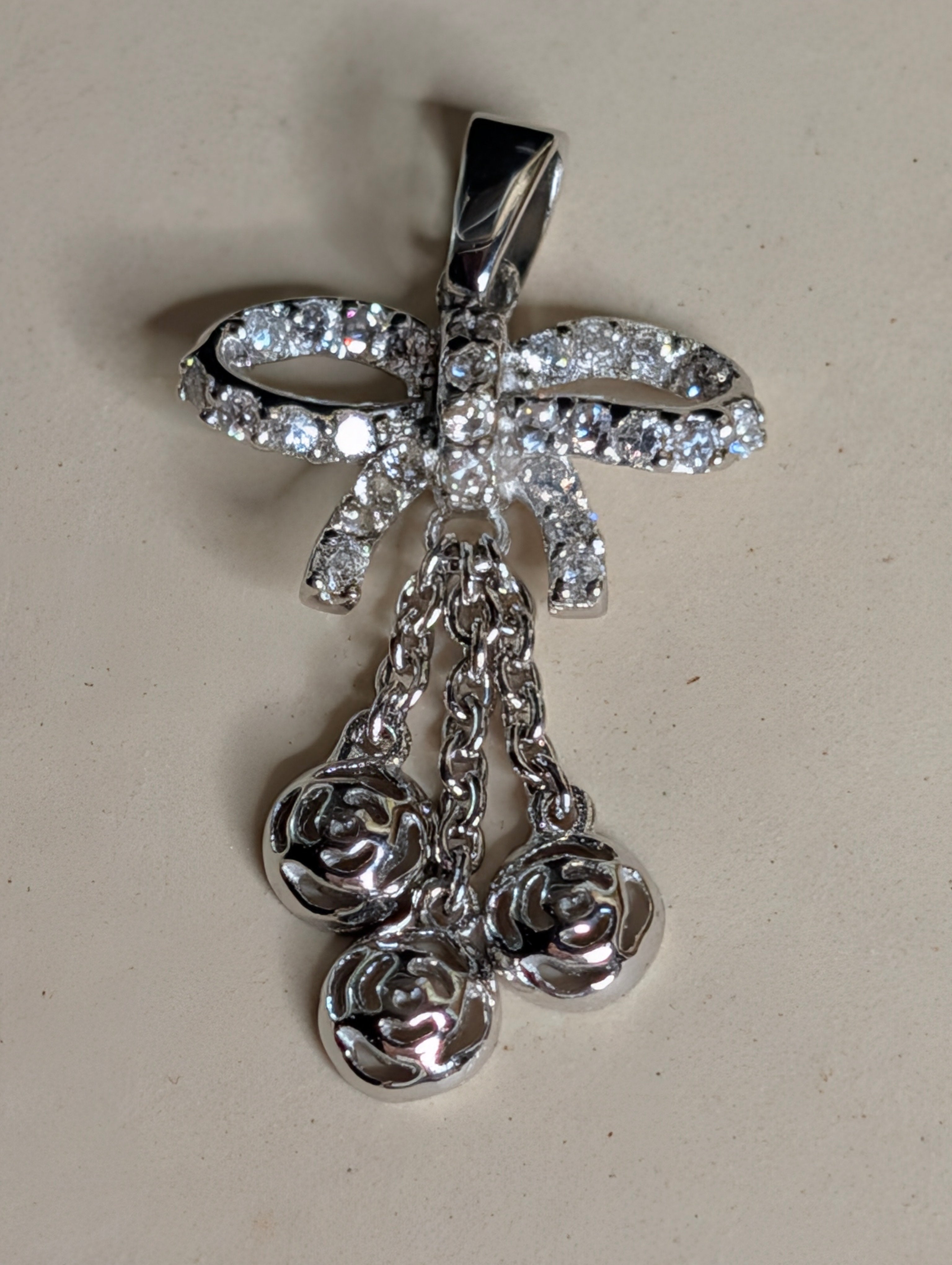 Sterling Silver CZ Sparkling Bow & Dangling Rose Charms Earrings & Pendant Jewelry Set