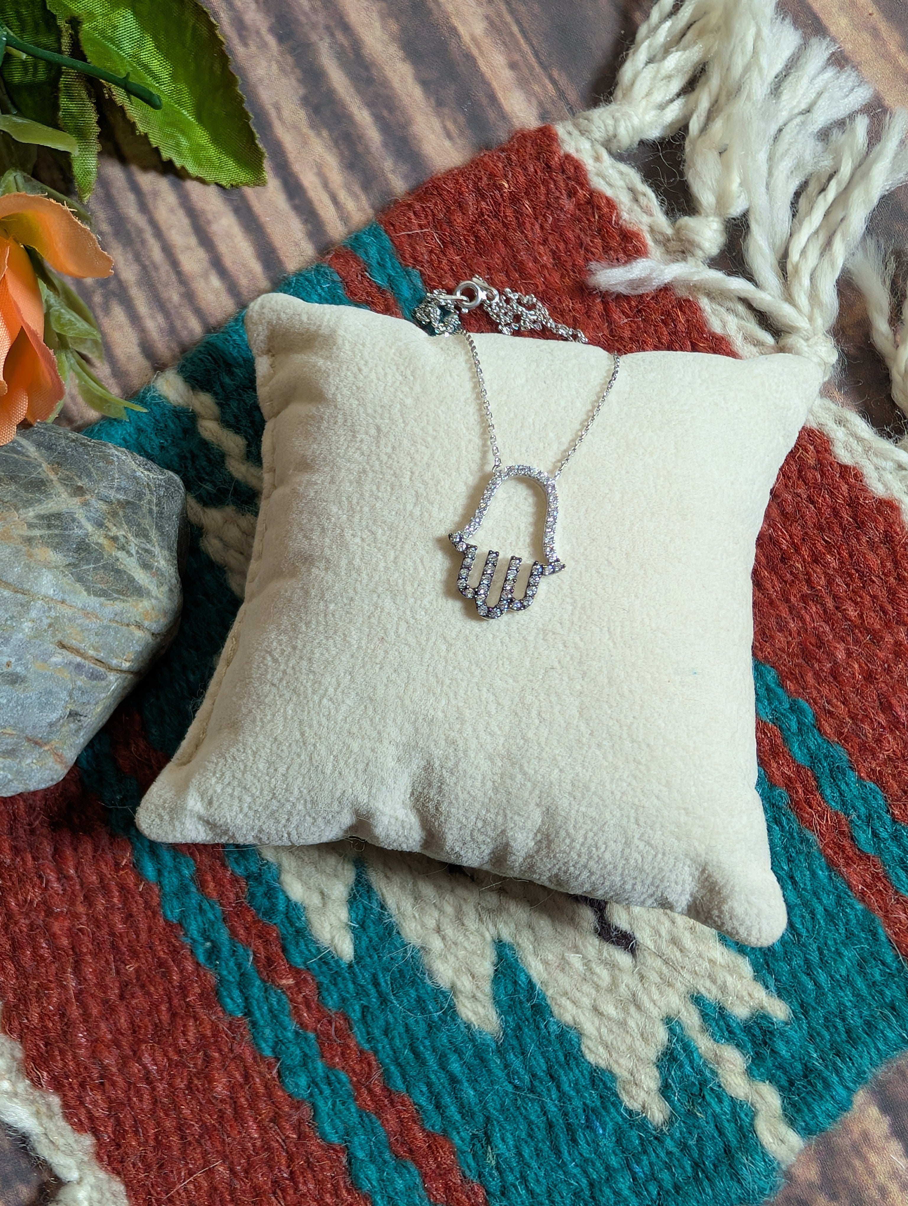 Hamsa Hand CZ Outline Small Pendant On Sterling Silver Necklace