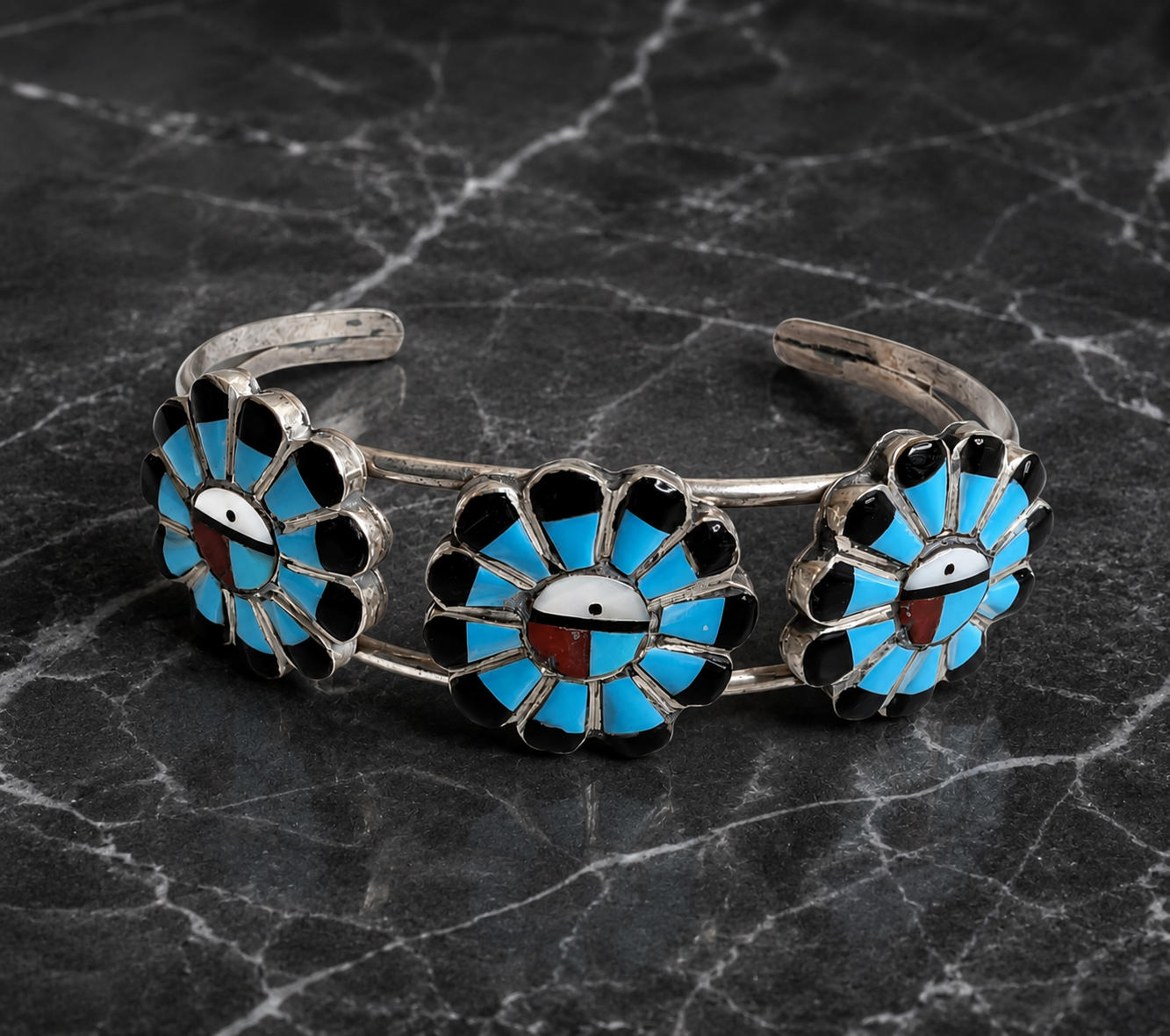 Handcrafted MultiStone Sunface Sterling Silver Cuff Bracelet With Blue Accents