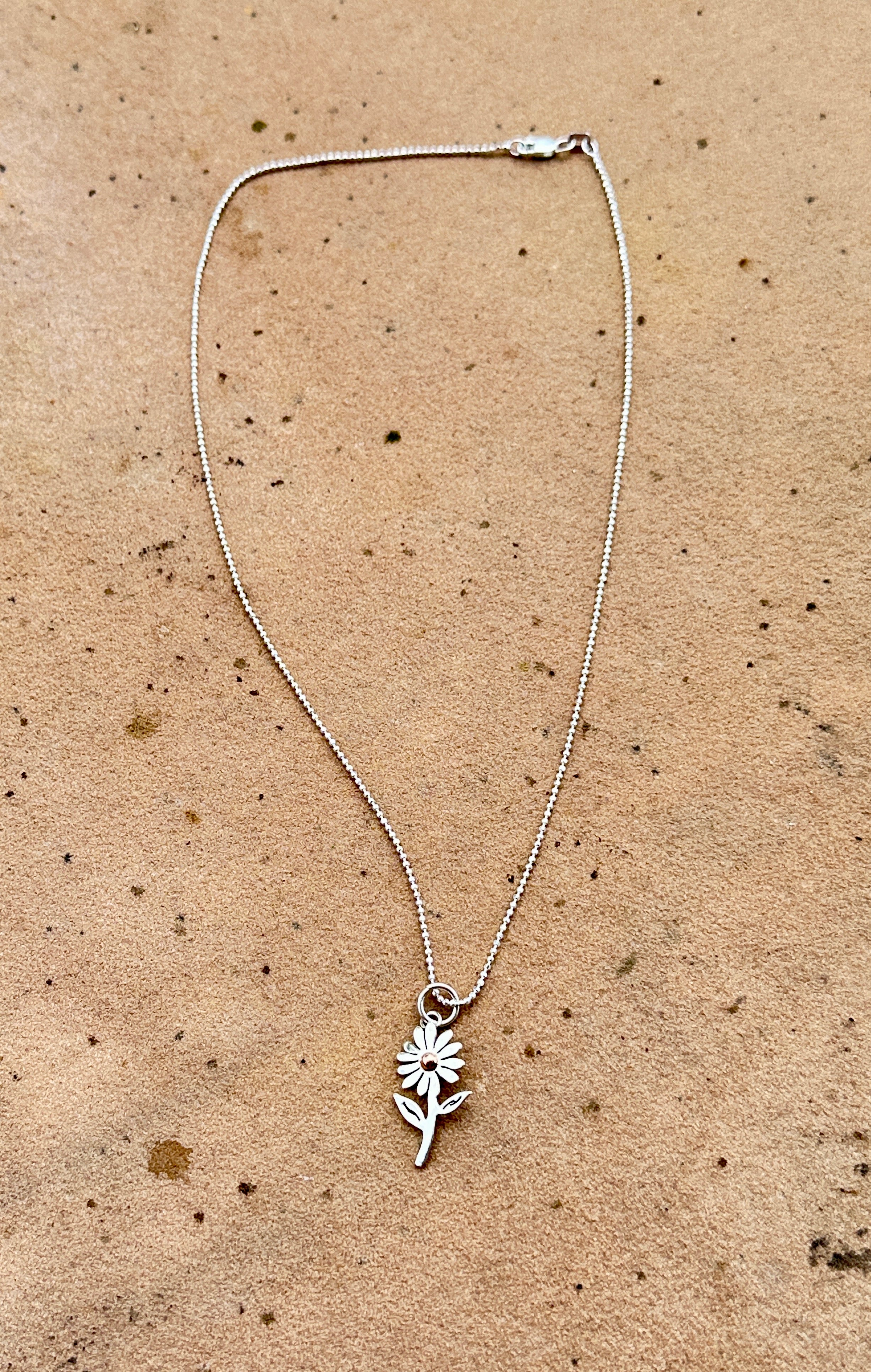 Sterling Silver & Copper Daisy Flower Pendant With Necklace