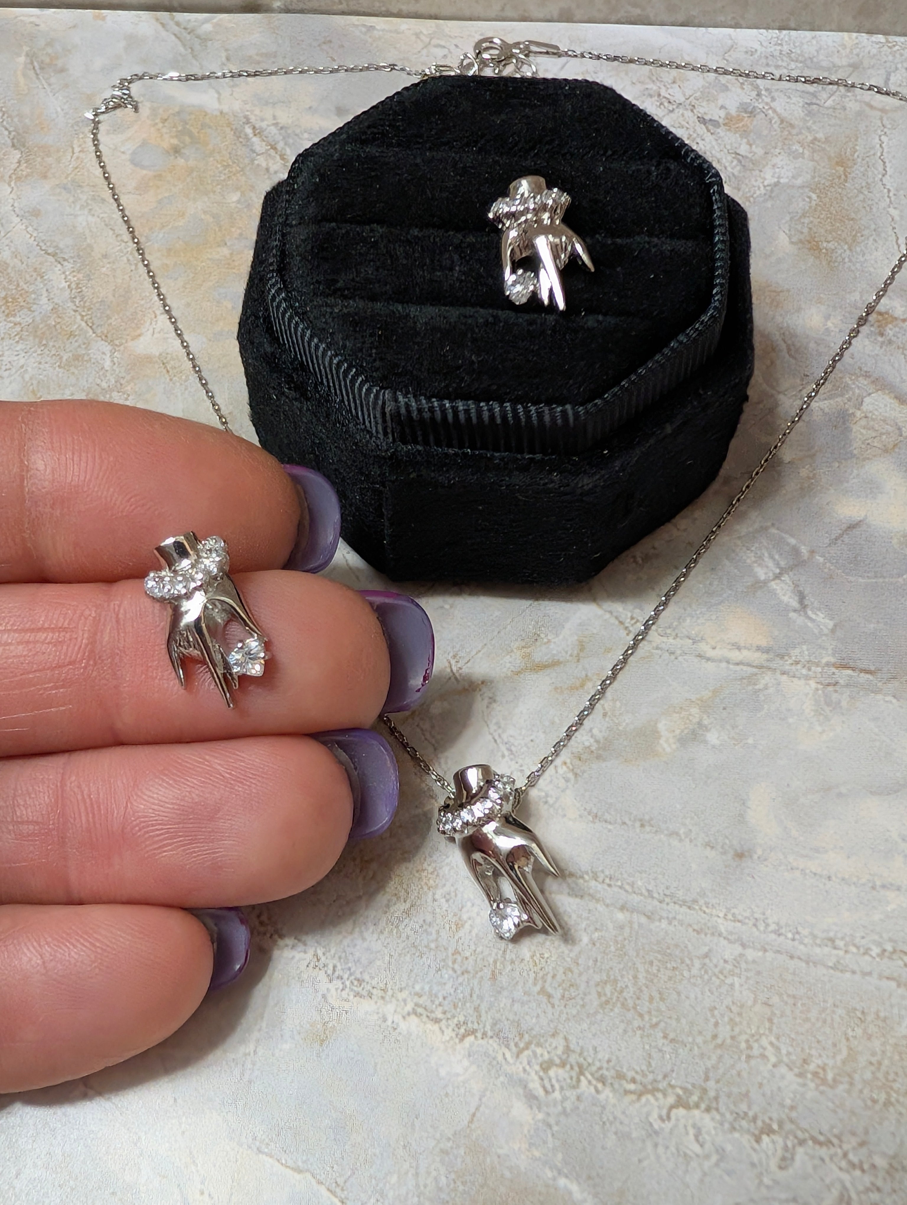 Sterling Silver & CZ Hand Of Protection Earrings & Pendant Necklace Jewelry Set