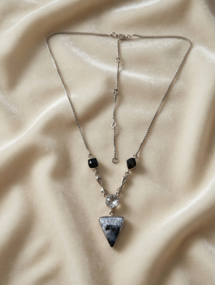 Dendritic Agate Triangle Shaped Gemstone With Clear Quartz & Black Tourmaline Sterling Silver Lariat Necklace