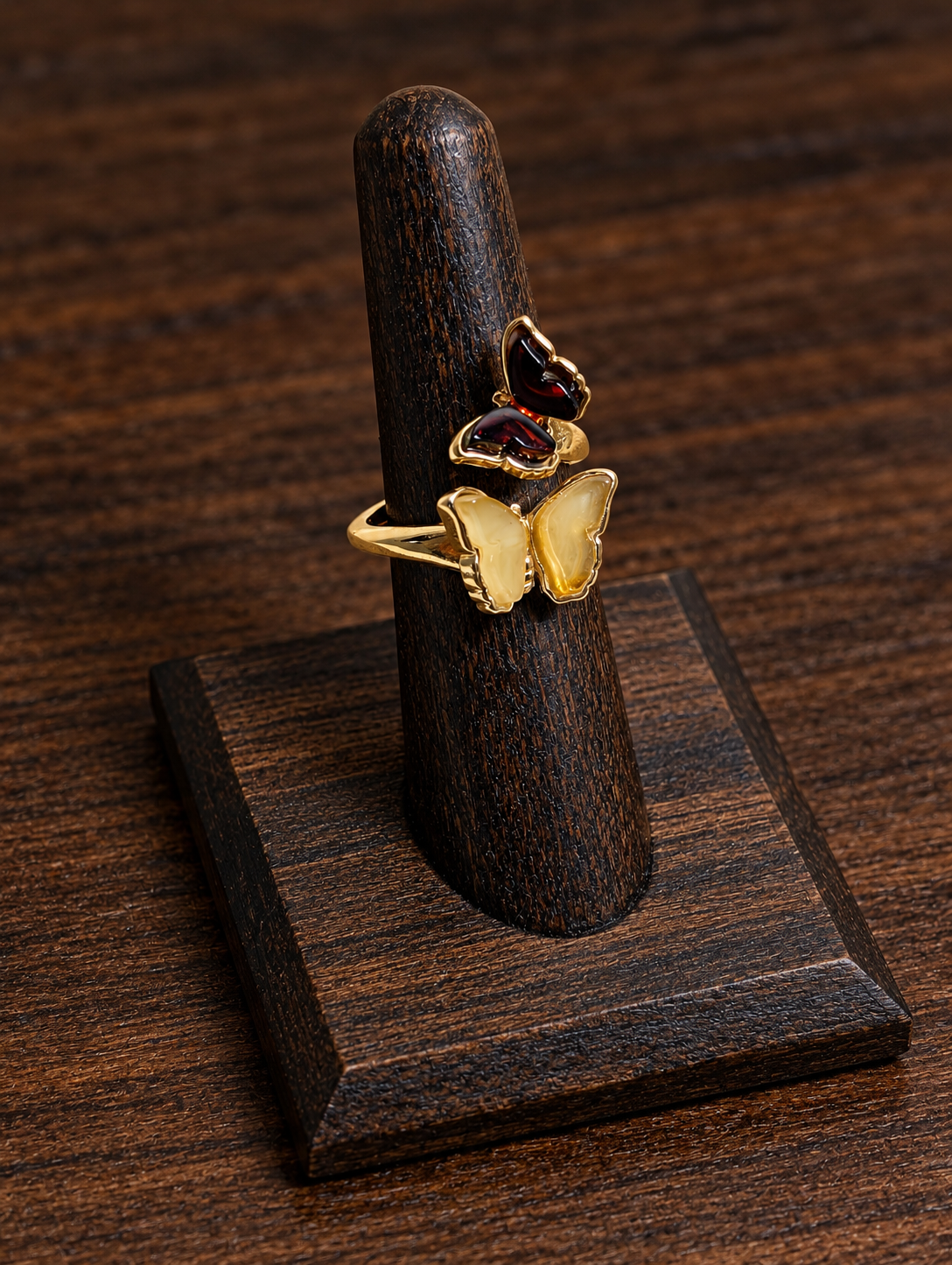Handmade Butterfly Honey Cognac Cabochons & 14k Gold Plated Adjustable Ring