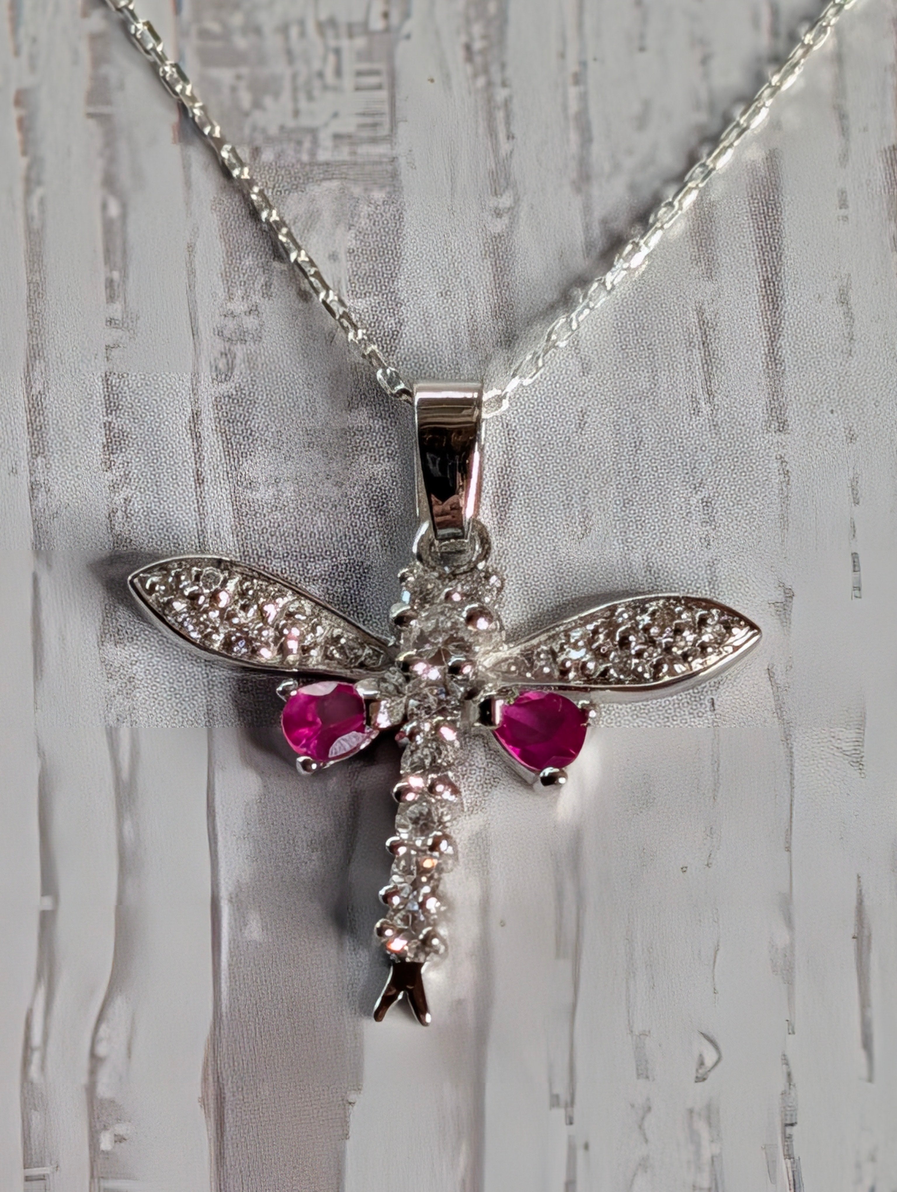 Sterling Silver Pink Gemstone CZ DragonFly Pendant Necklace