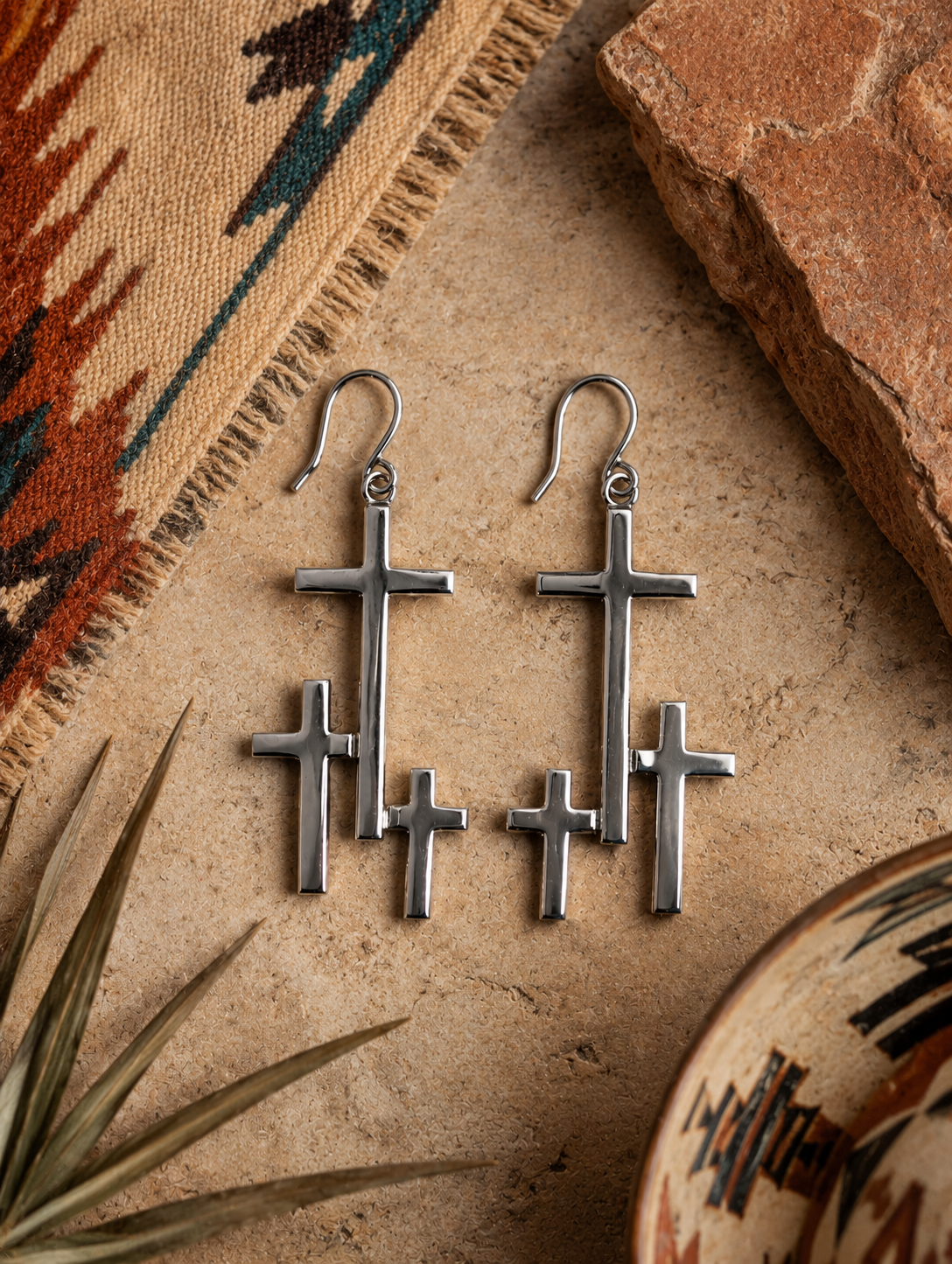 Handcrafted Sterling Silver Three Unified Cross Shaped Earrings