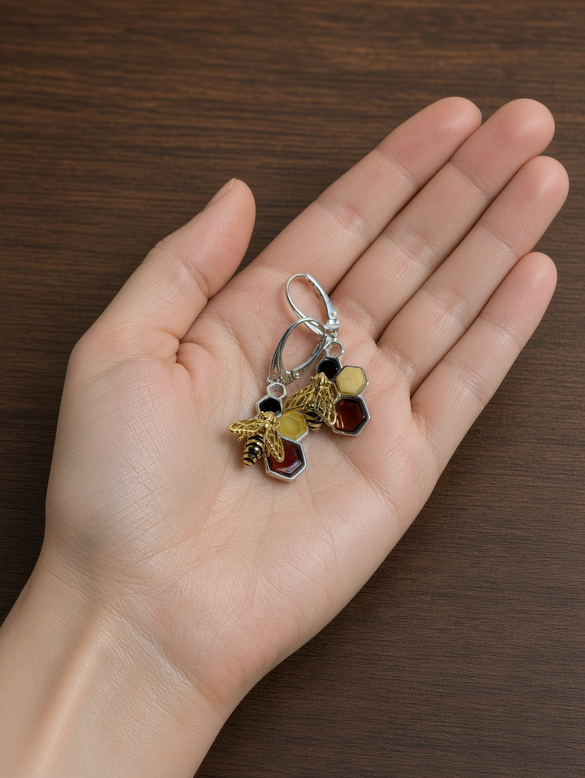 Handmade Bee Honeycomb Honey Cognac Cabochons & Sterling Silver Leverback Earrings