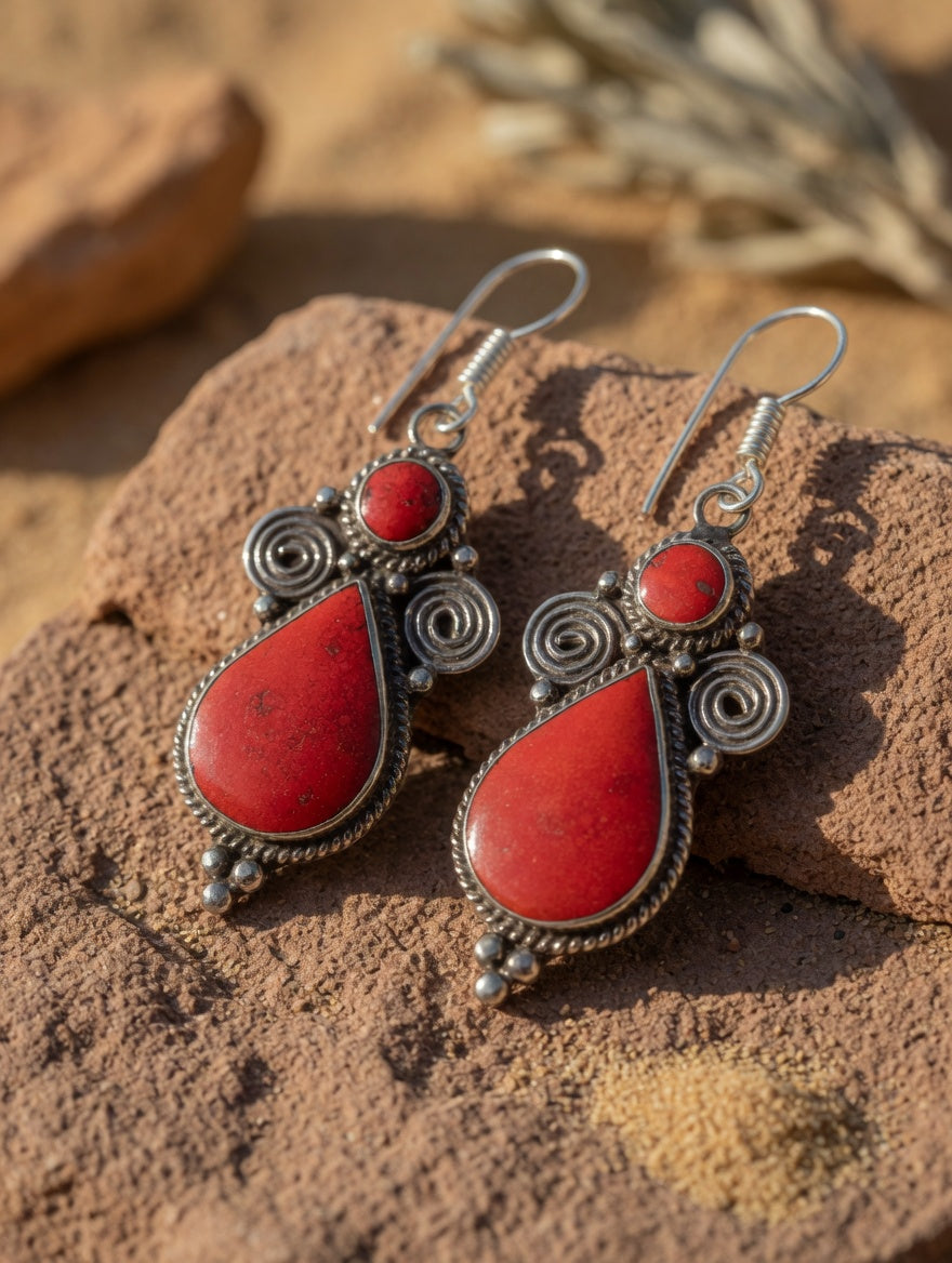 Vintage Southwestern Red Coral Filigree Teardrop Earrings in Sterling Silver