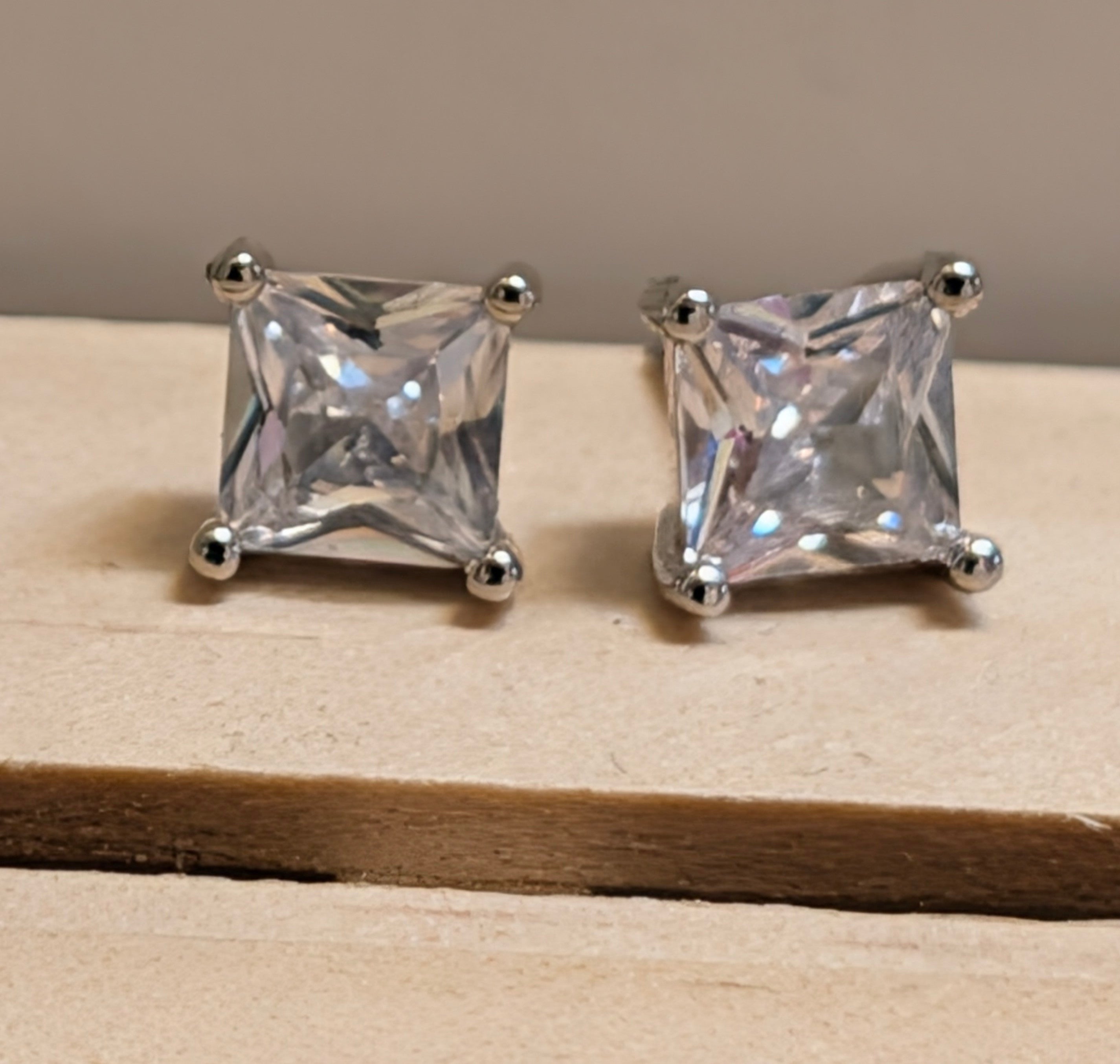 Silver 7mm Cut Square Shaped CZ Stud Earrings