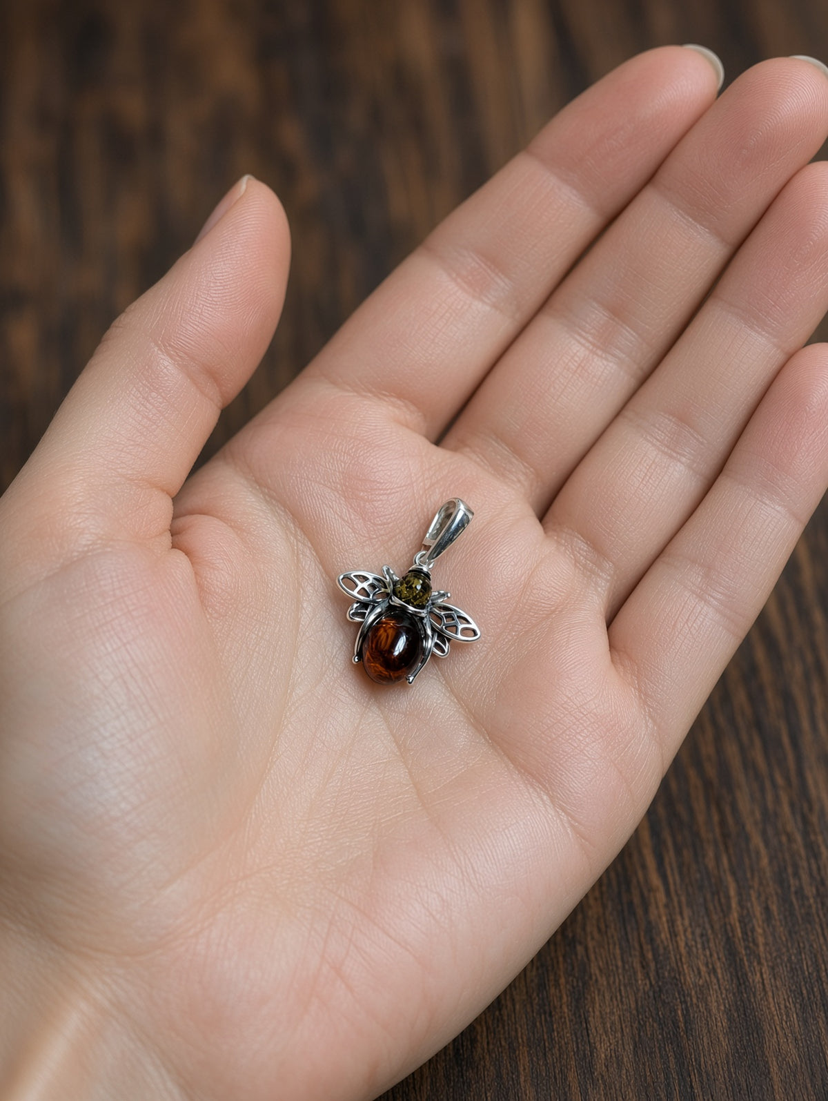 Handmade Bee Red & Yellow Honey Cognac Cabochon & Sterling Silver Pendant