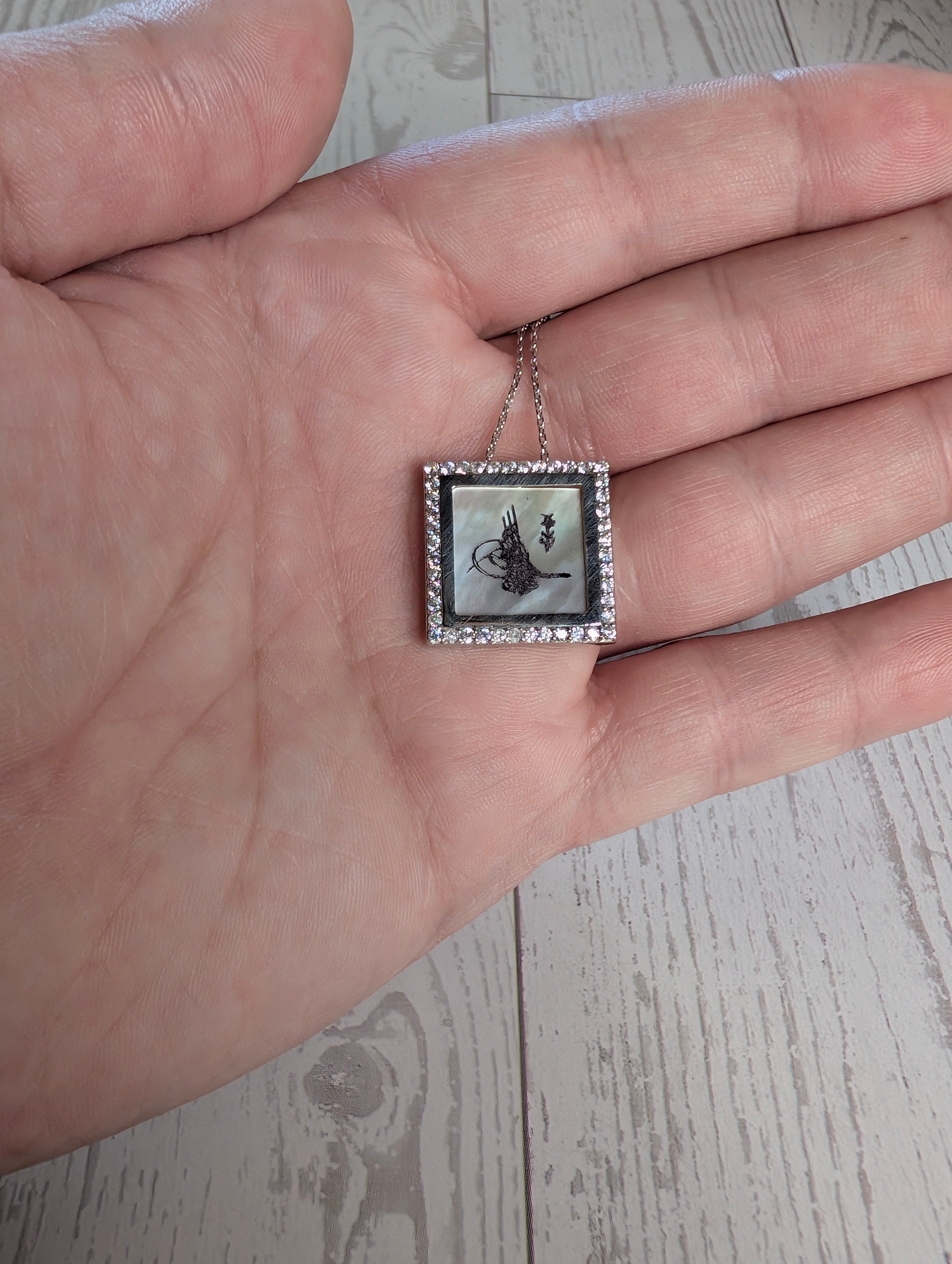 Sterling Silver CZ Tughra Inlay Calligraphy Pendant Necklace