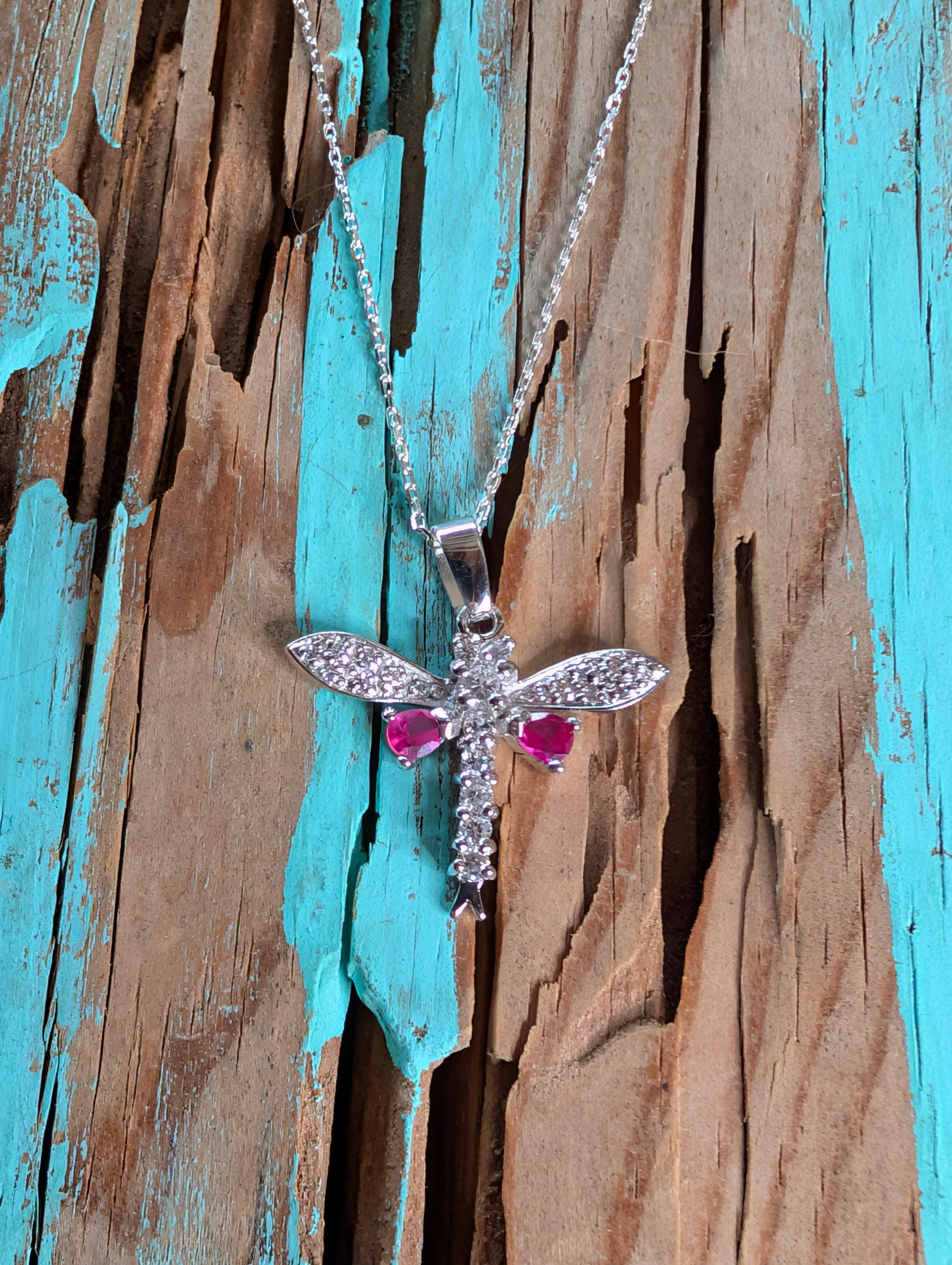 Sterling Silver Pink Gemstone CZ DragonFly Pendant Necklace