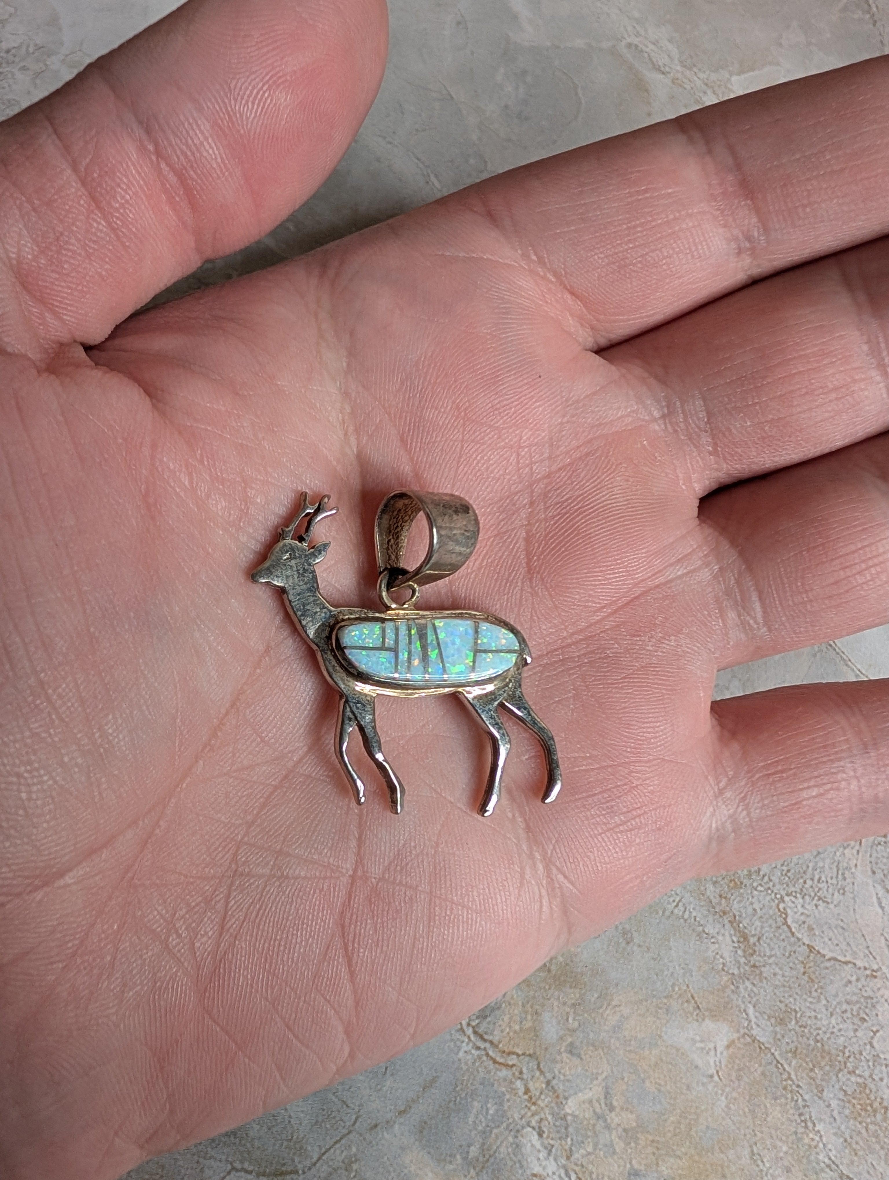 Handcrafted Fire White Opal Sterling Silver Deer Pendant