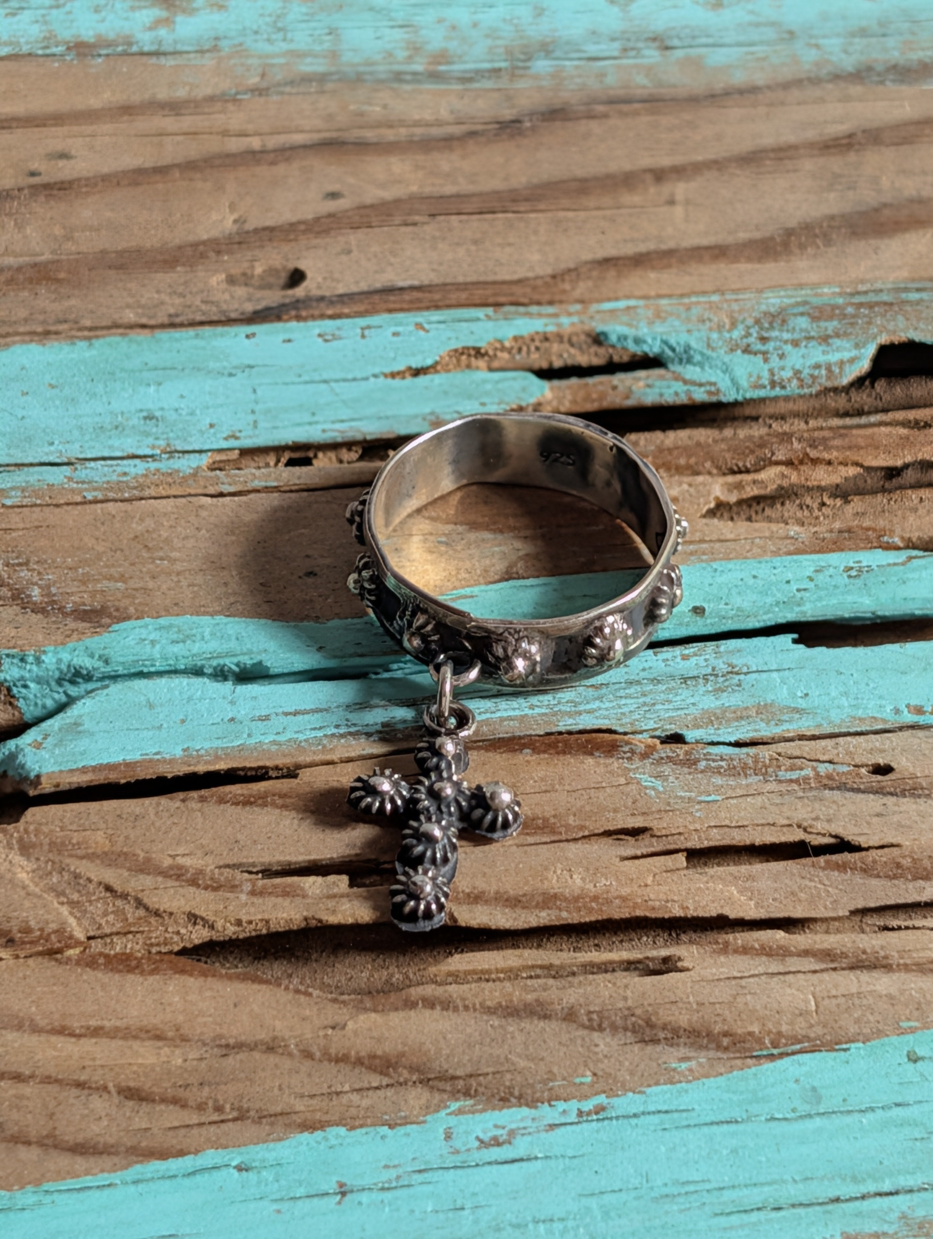 Ornate Filigree Dangle Cross Sterling Silver Charm Ring