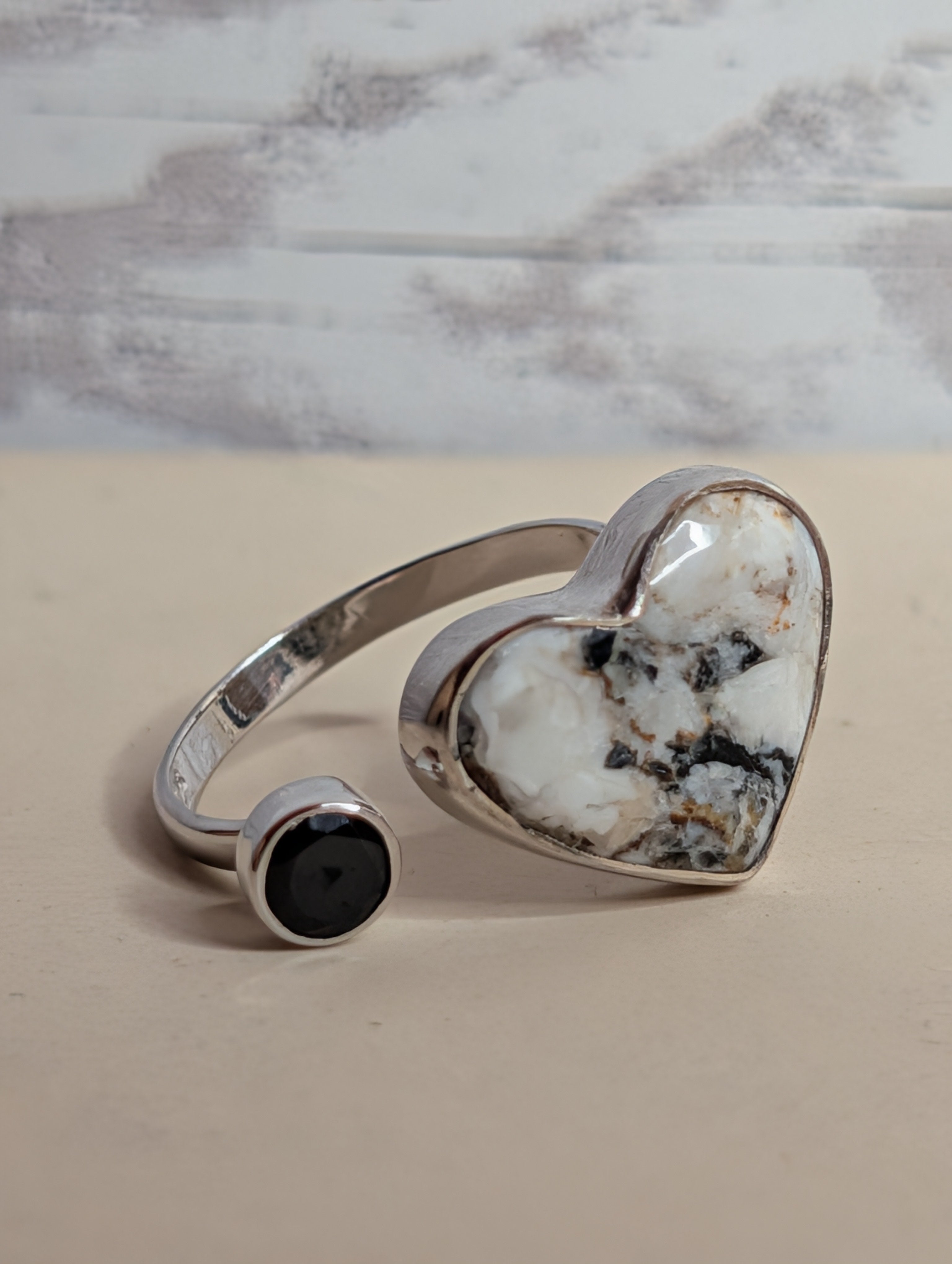 White Buffalo Heart & Circle Shaped Black Onyx Sterling Silver Adjustable Ring