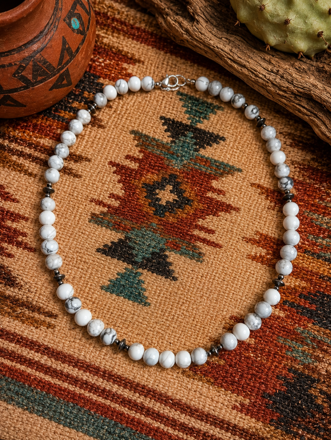 White Howlite Beaded Pearl Sterling Silver Necklace