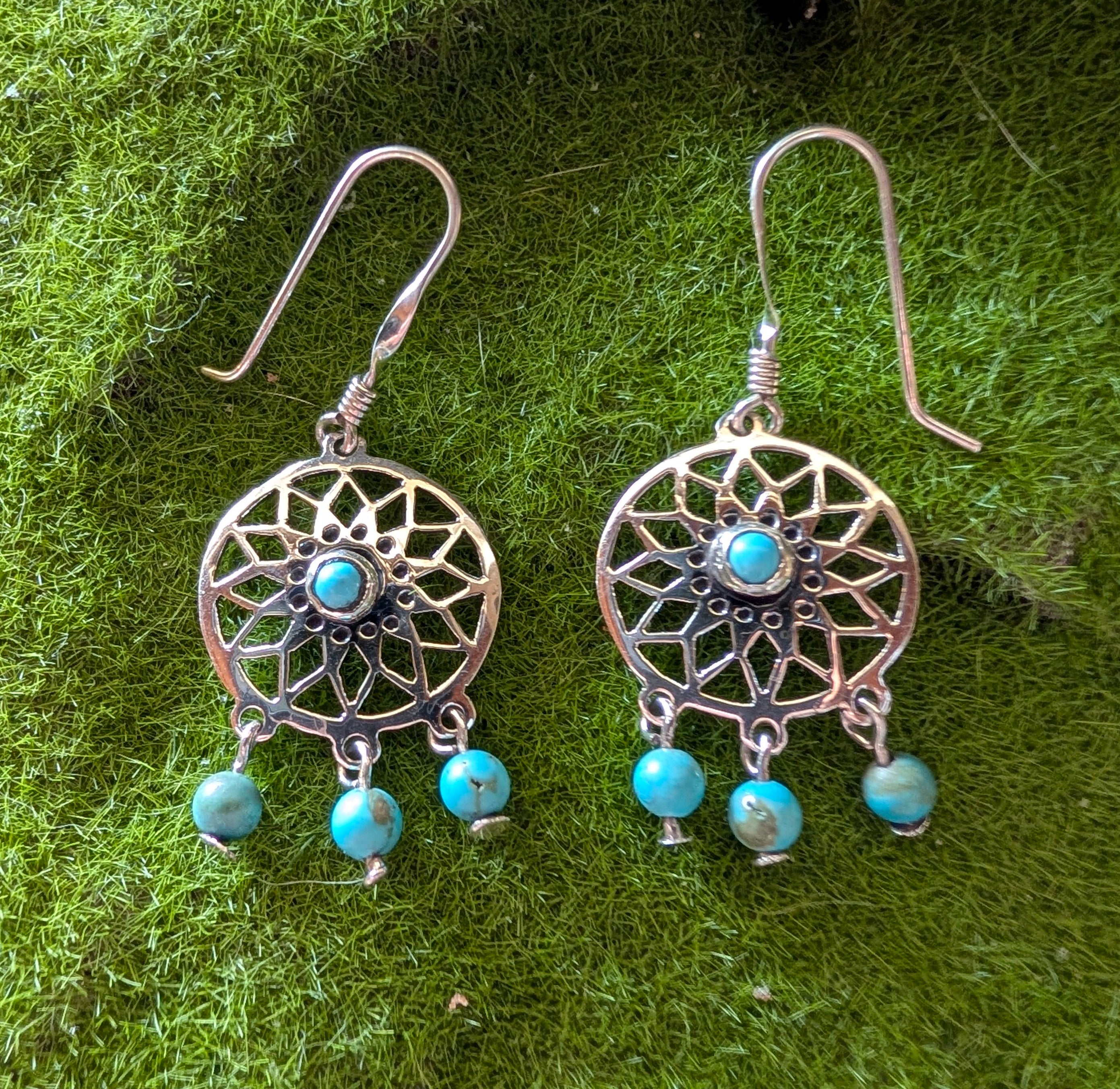 Turquoise & Sterling Silver Dream Catcher Dangle Hook Earrings