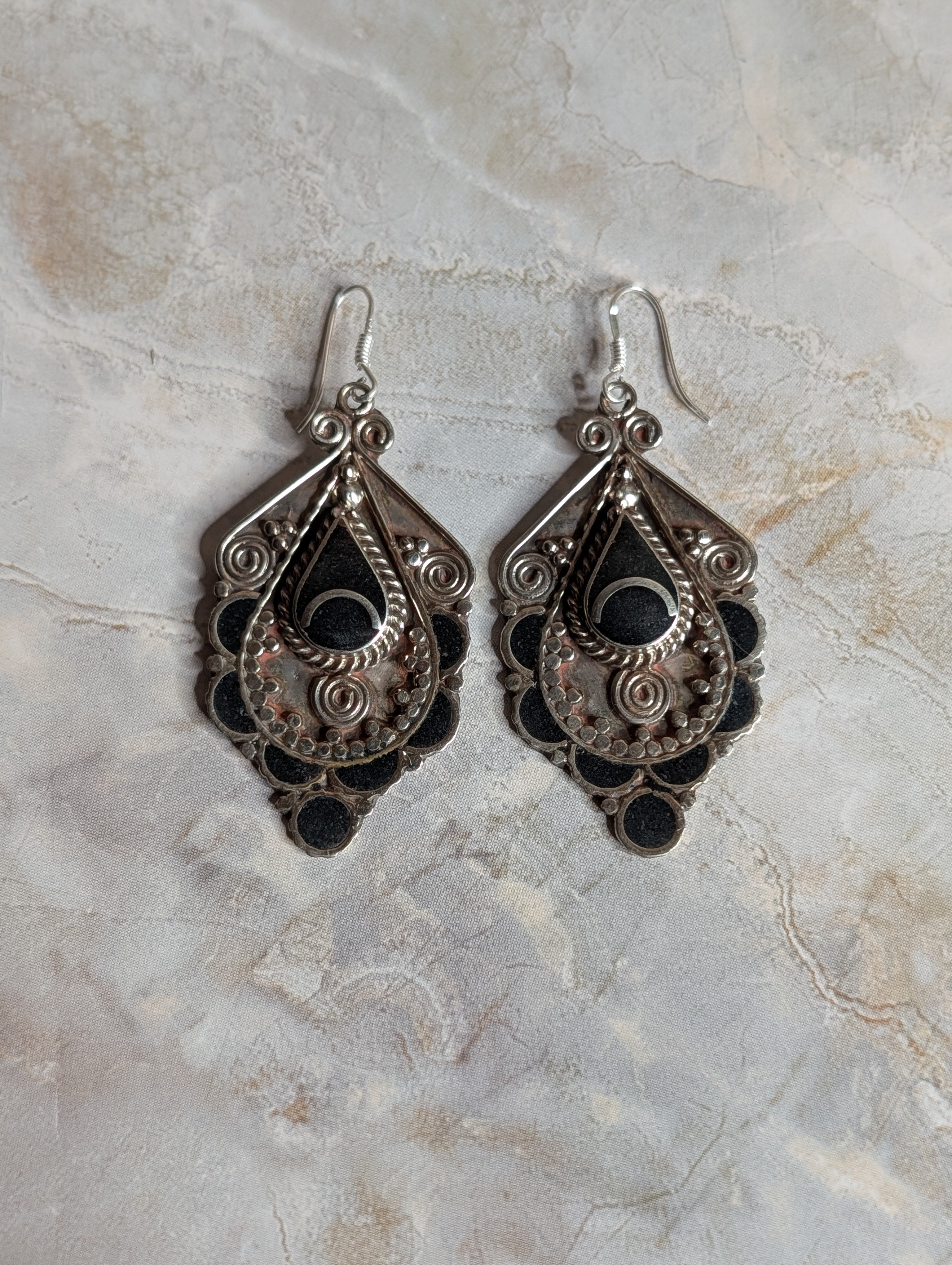 Vintage Black Onyx & Silver Intricate Southwestern Dangle Earrings