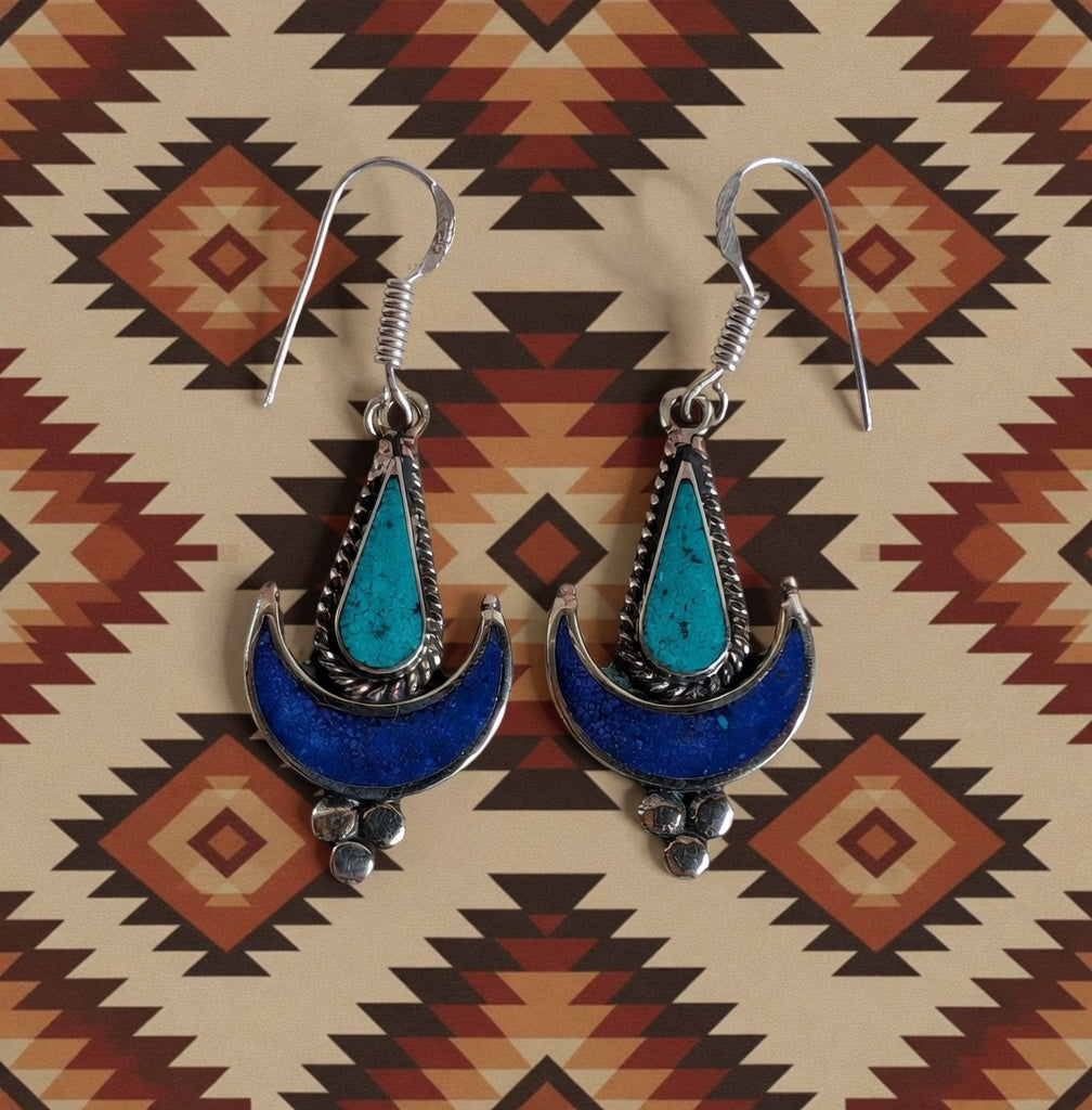 Turquoise & Lapis Crescent Moon Dangle Earrings – Southwest Boho Statement