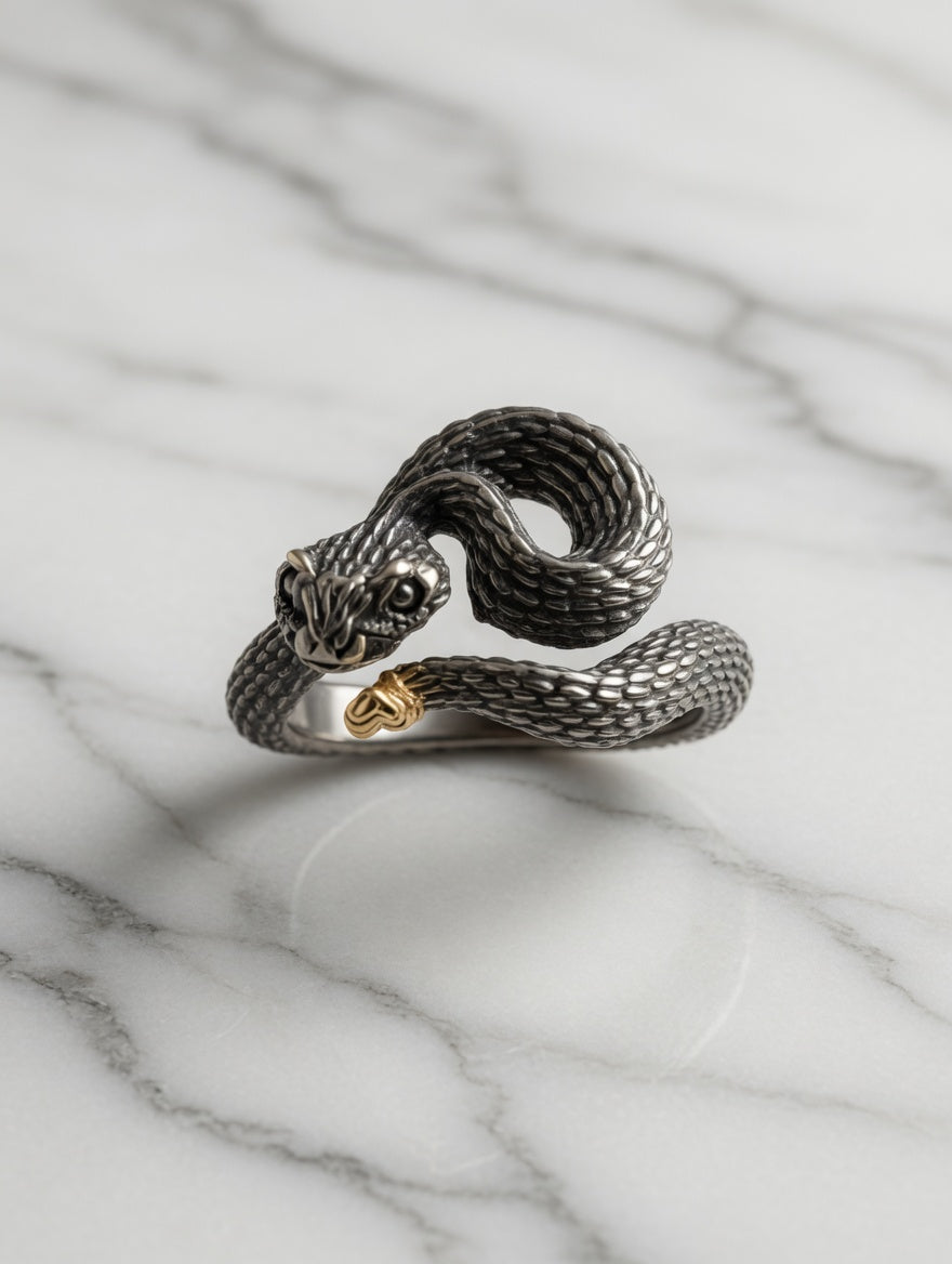 Oxidized Sterling Silver 18k Gold Rattlesnake Ring