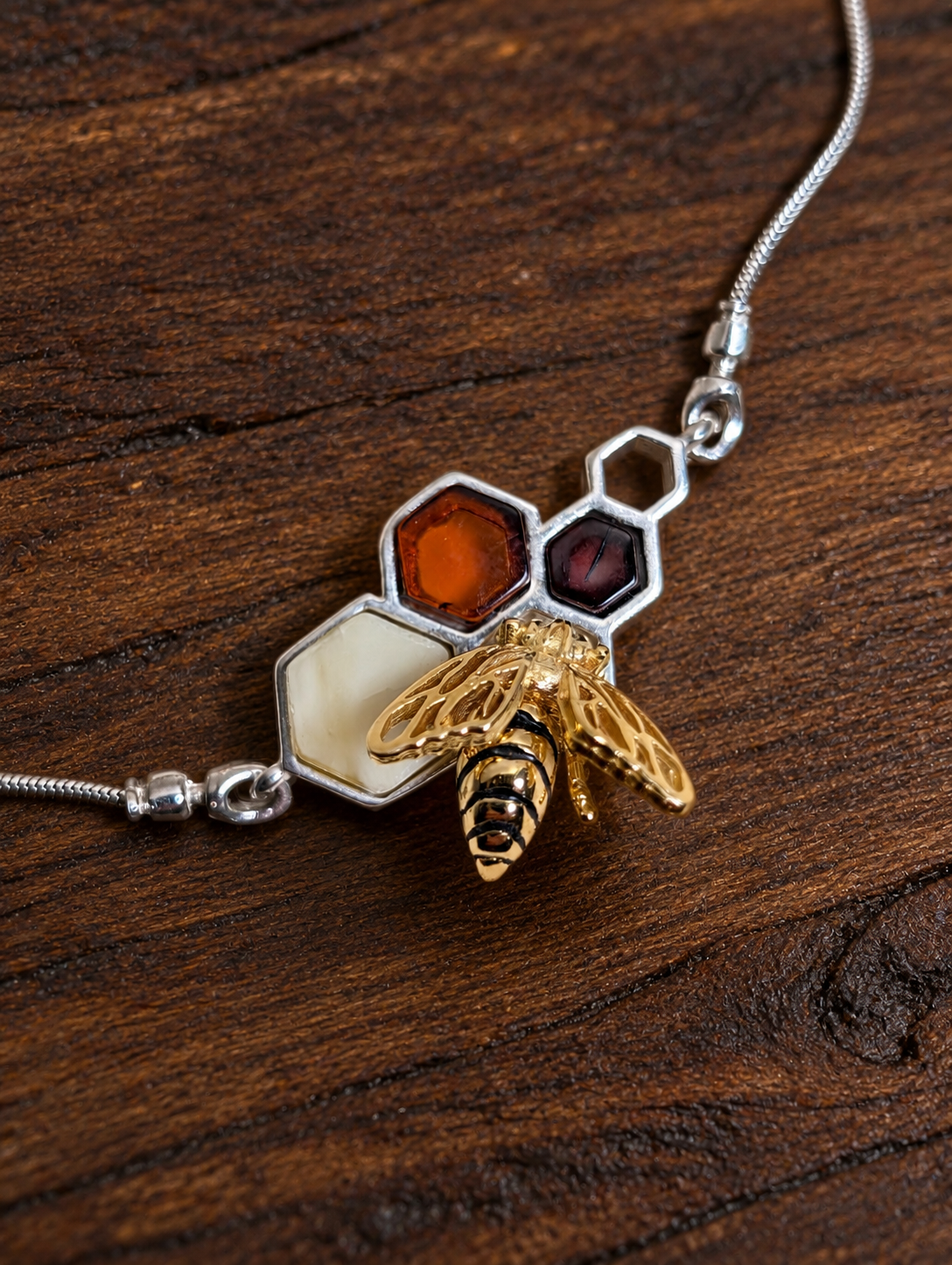 Handmade Bee Honeycomb Honey Cognac Cabochons & Sterling Silver Adjustable Stretch Bracelet