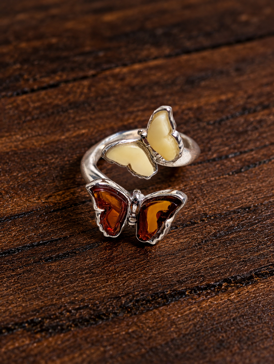 Handmade Butterfly Honey Cognac Cabochons & Sterling Silver Adjustable Ring