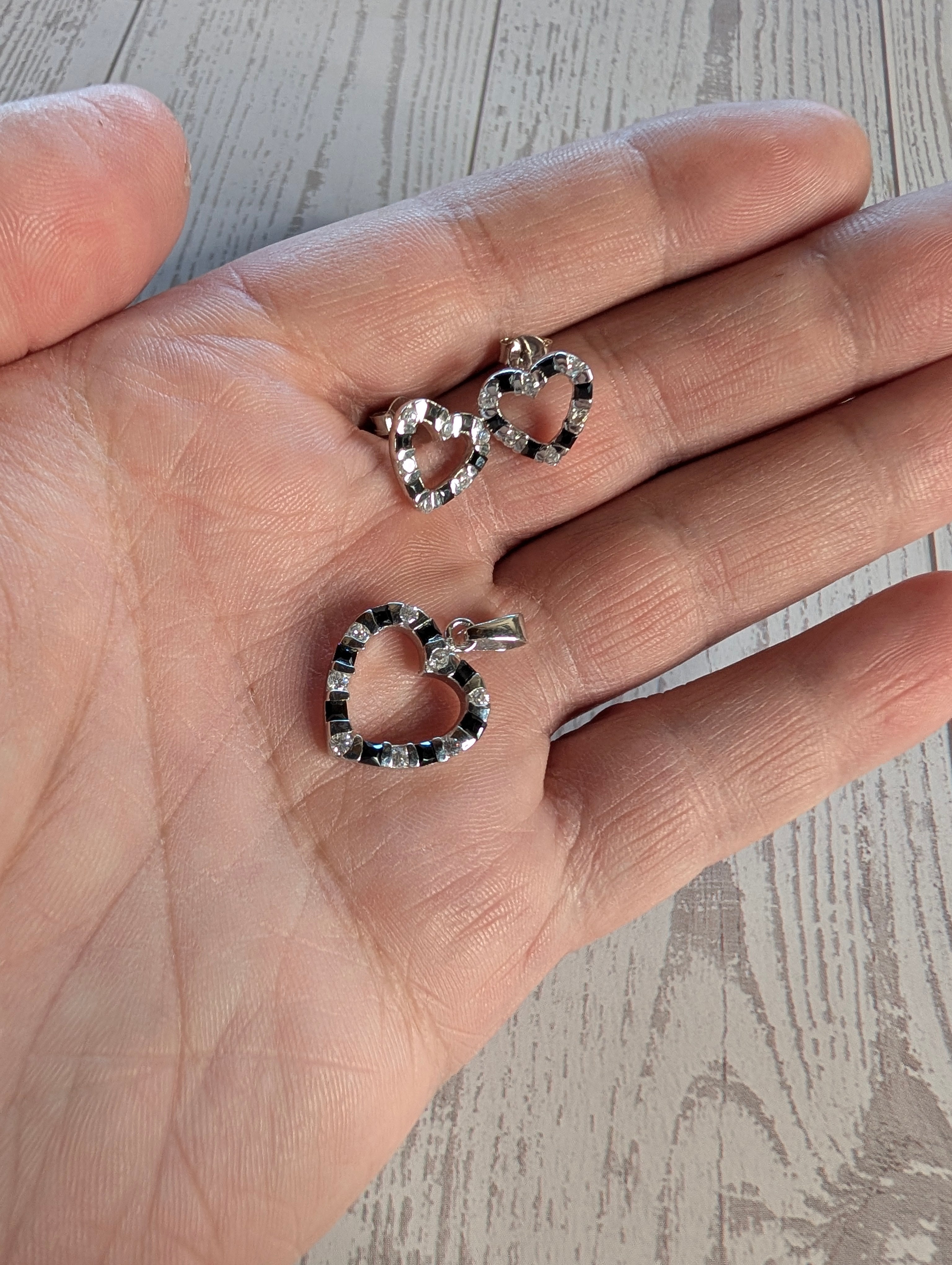 Sterling Silver Black CZ Striped Heart Earrings & Pendant Jewelry Set