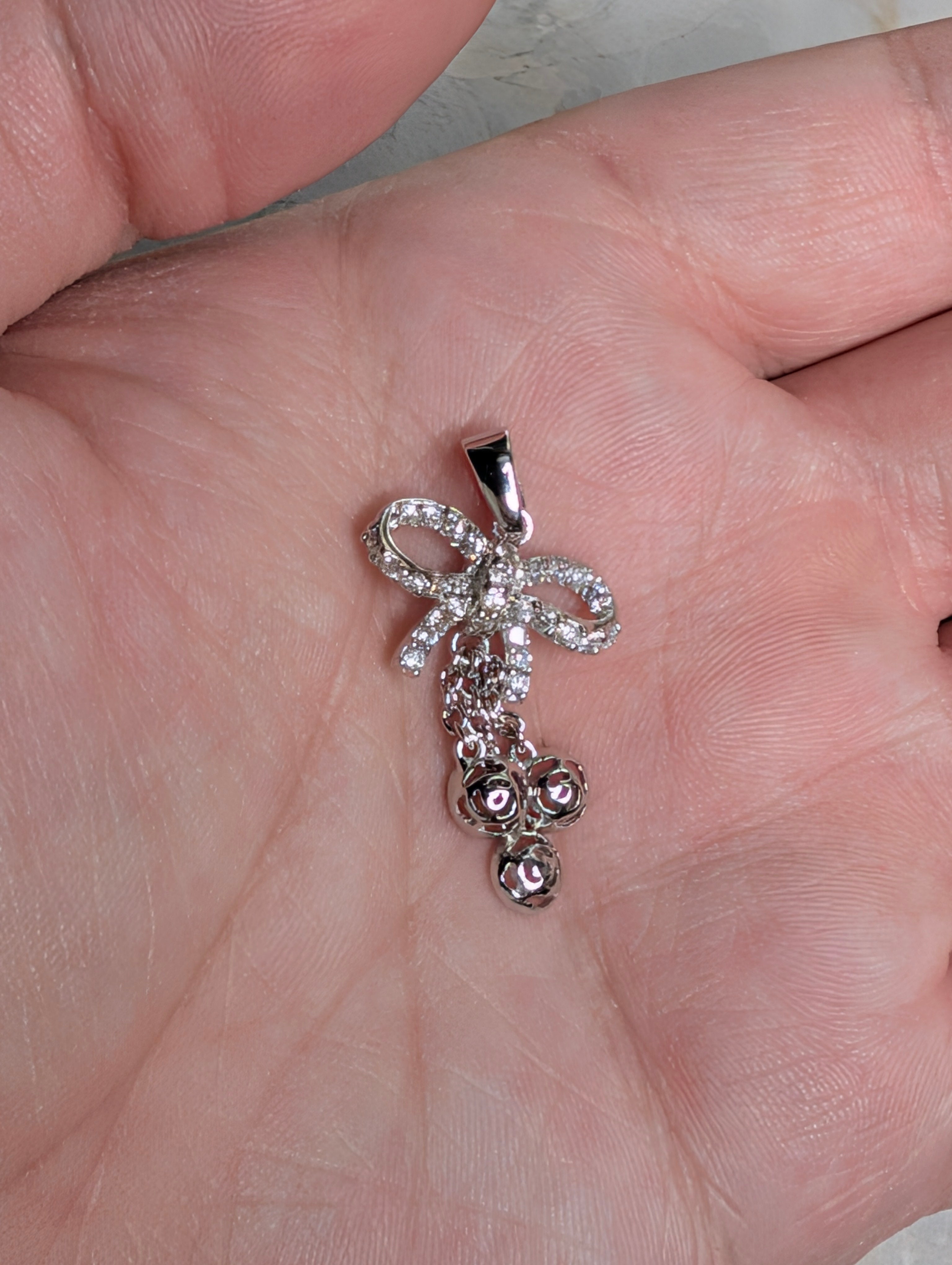 Sterling Silver CZ Sparkling Bow & Dangling Rose Charms Earrings & Pendant Jewelry Set