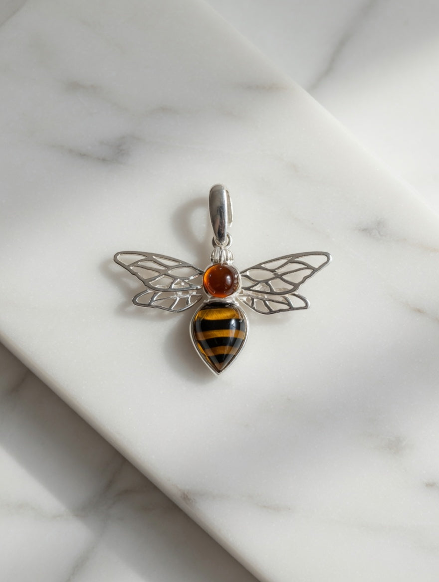 Sterling Silver Handmade Amber Bee Pendant
