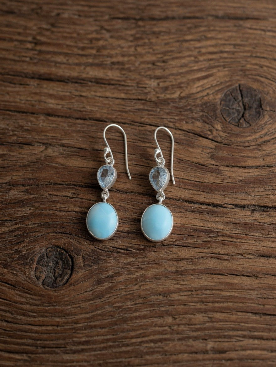 Larimar & Blue Topaz Two Stone Sterling Silver Dangle Earrings