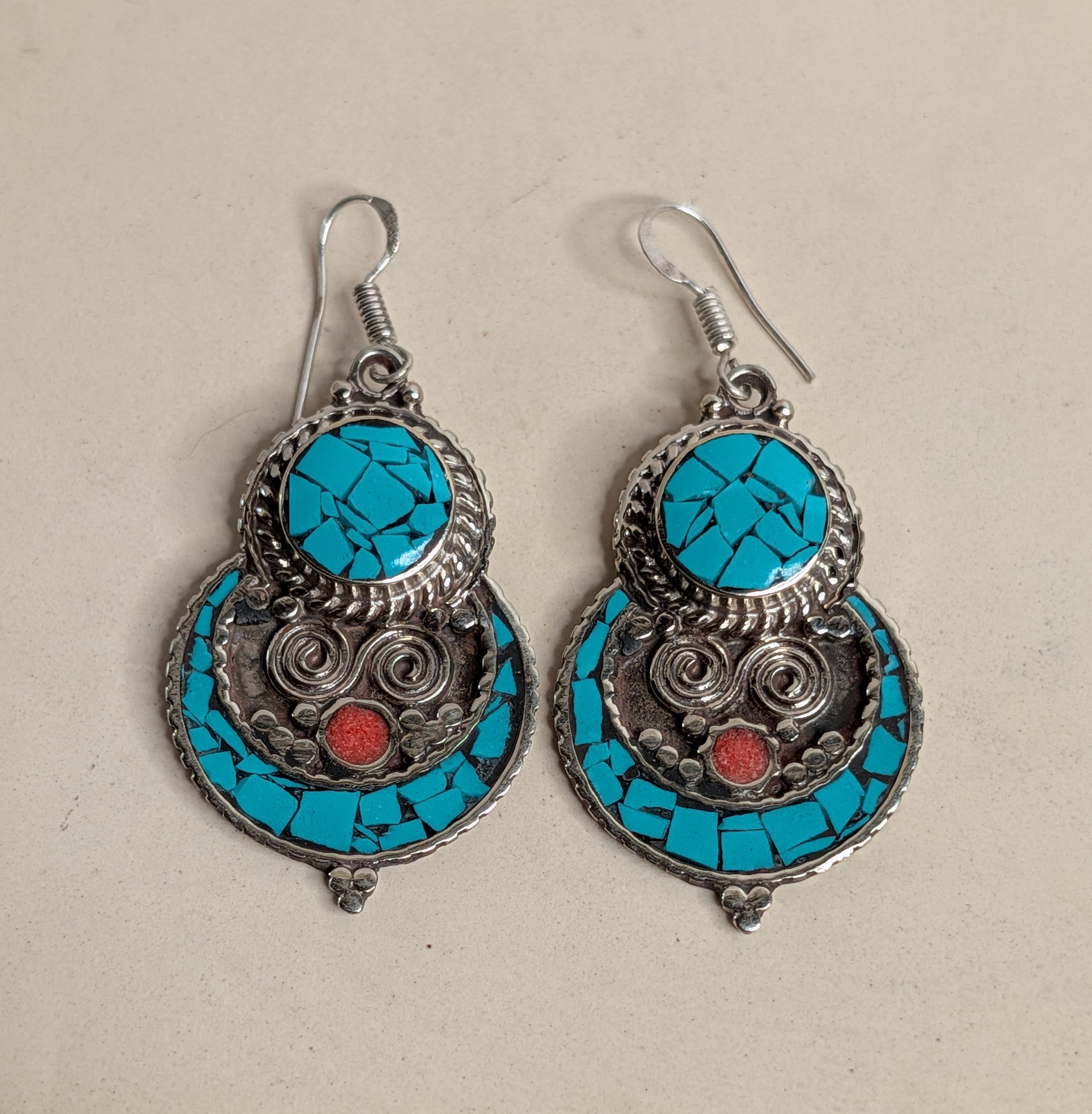 Turquoise Mosaic & Coral Drop Earrings
