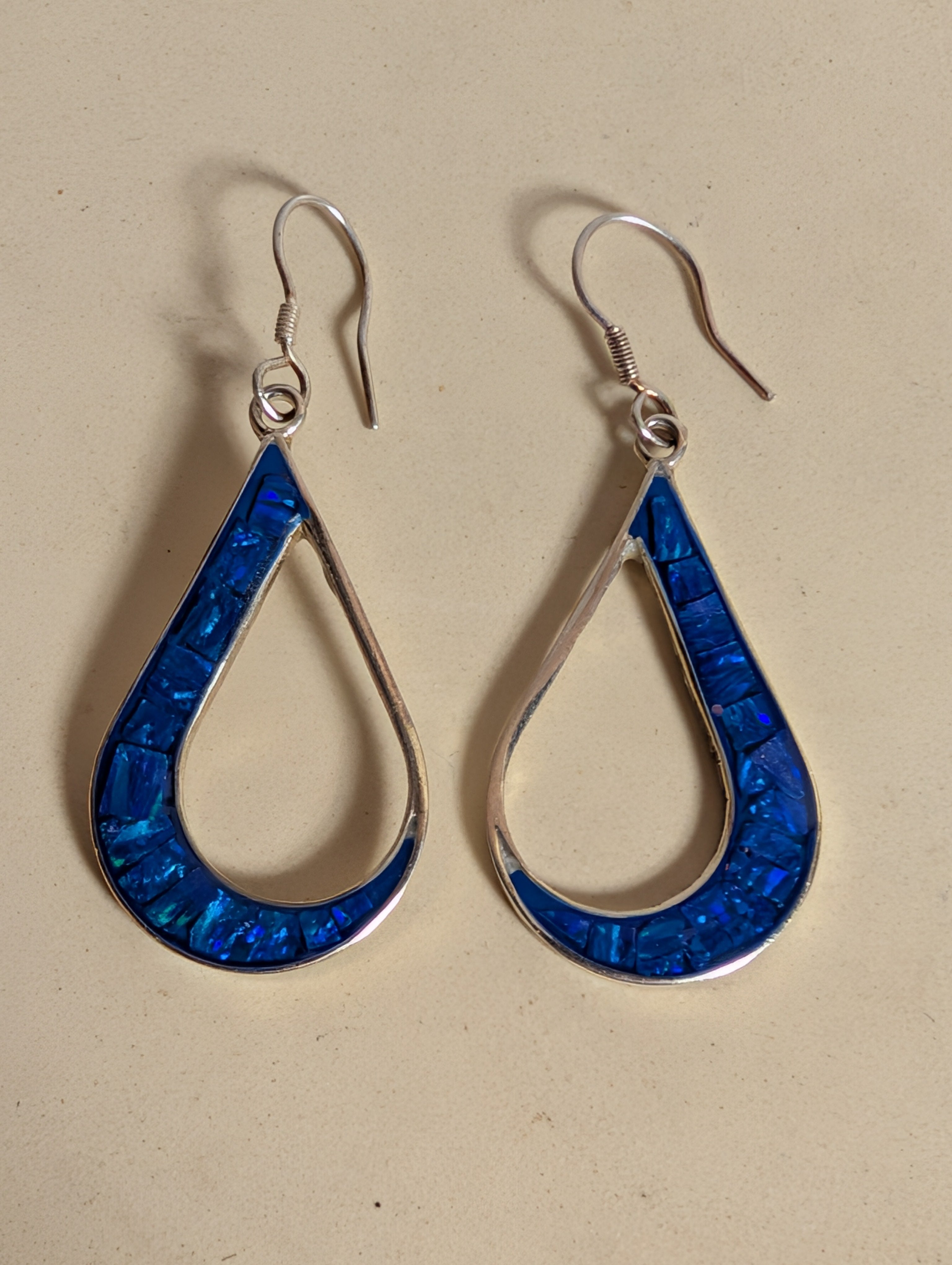 Mosaic Blue Fire Opal Inlay Tear Drop Shaped Sterling Silver Dangle Earrings