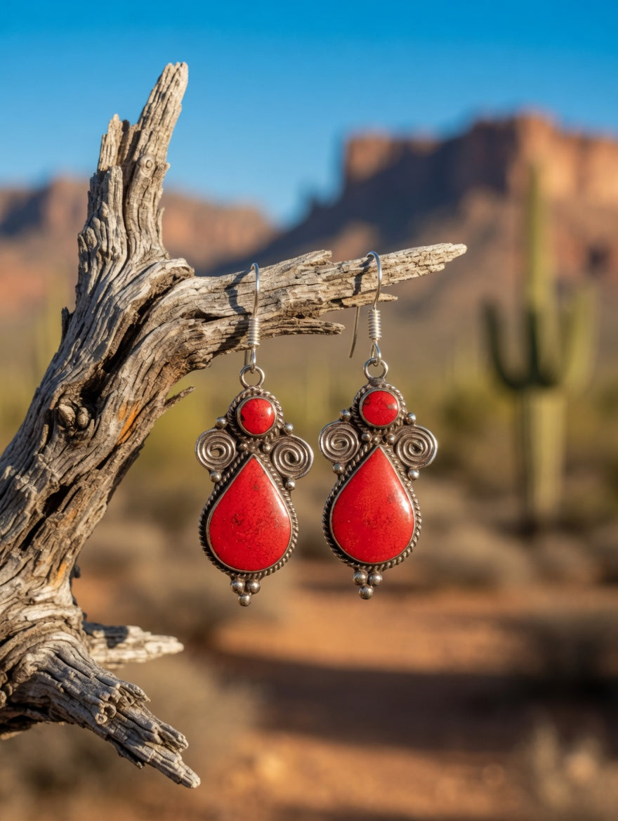 Vintage Southwestern Red Coral Filigree Teardrop Earrings in Sterling Silver