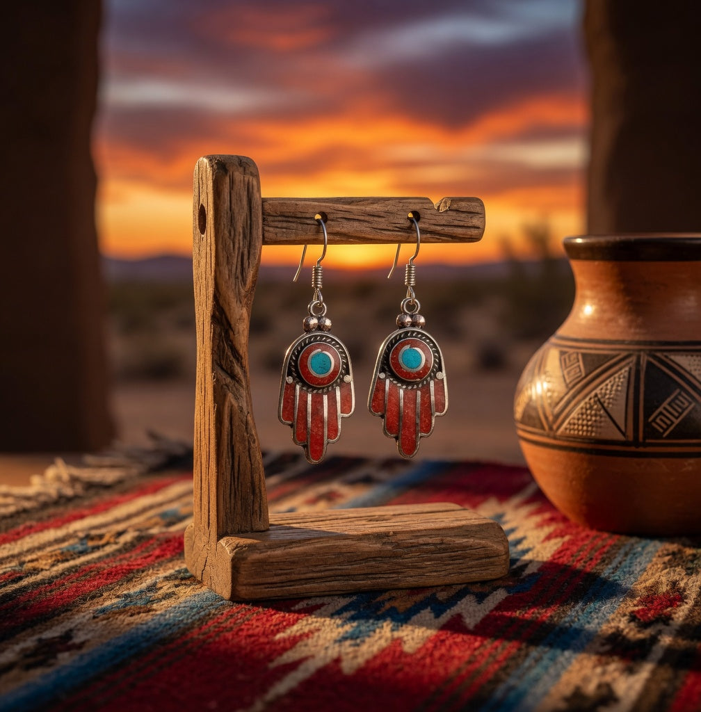 Coral Dangle Earrings with Turquoise Center – Southwest Style