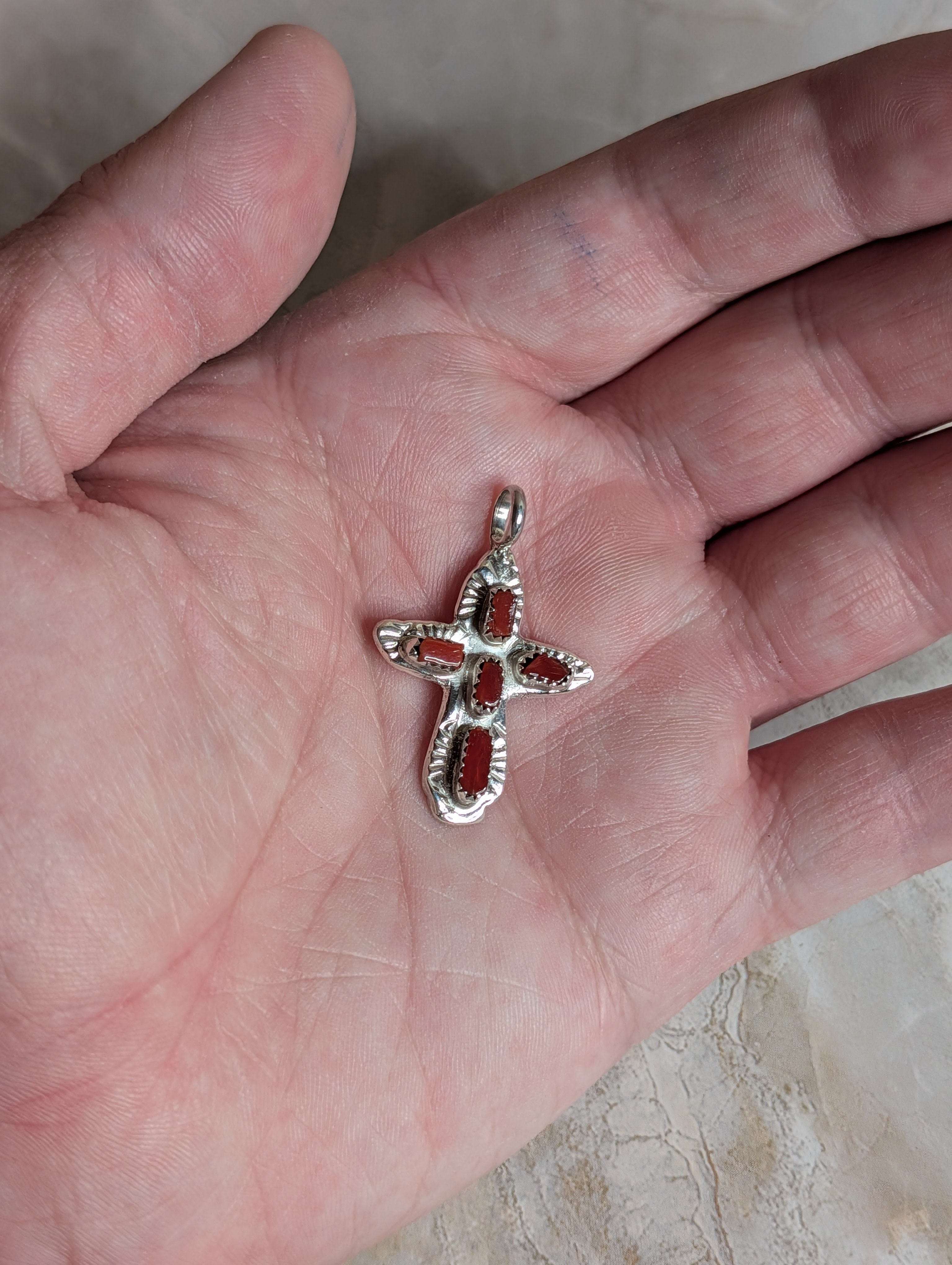 Handcrafted Red Coral Sterling Silver Cross Pendant