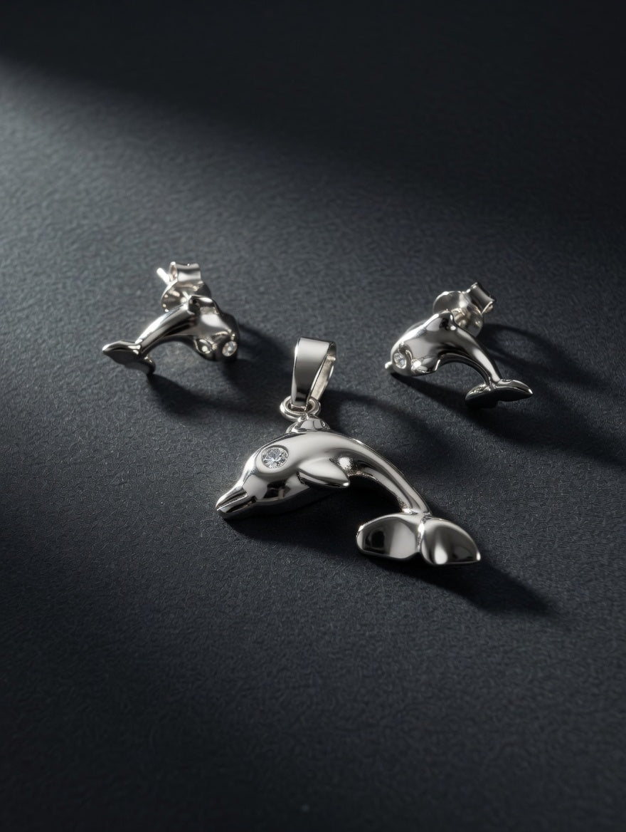 Sterling Silver Dolphin Earrings & Pendant Jewelry Set