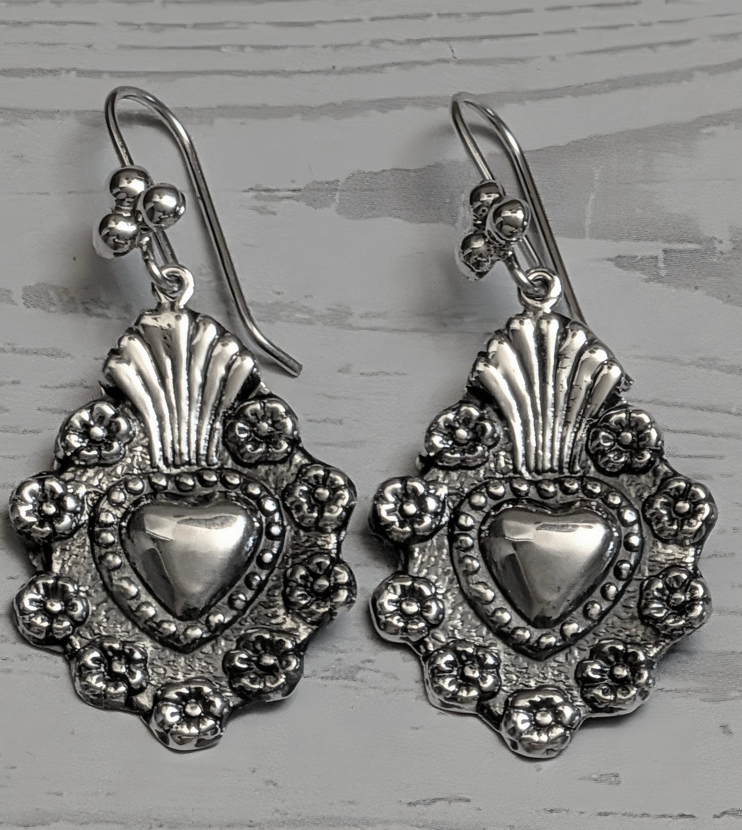 Sterling Silver Sacred Heart & Flower Hook Earrings