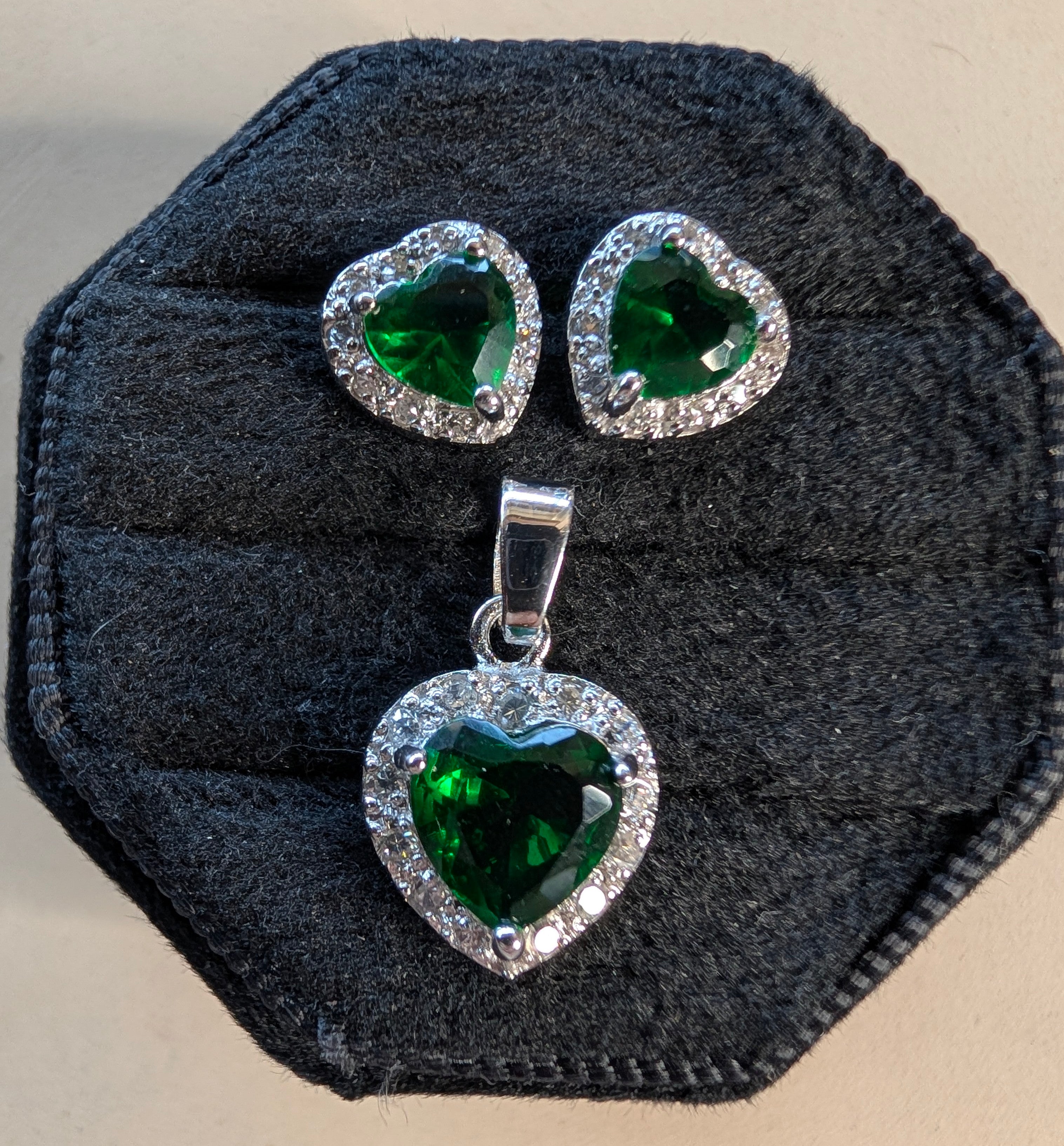 Sterling Silver CZ Green Gemstone Heart & Matching Earrings & Pendant Jewelry Set