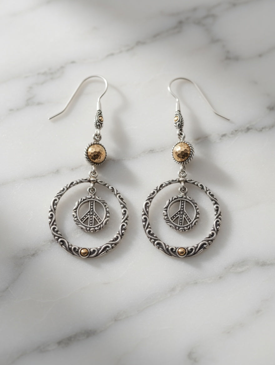 Bohemian Style Peace Sign Sterling Silver Earrings With 18k Gold Accents