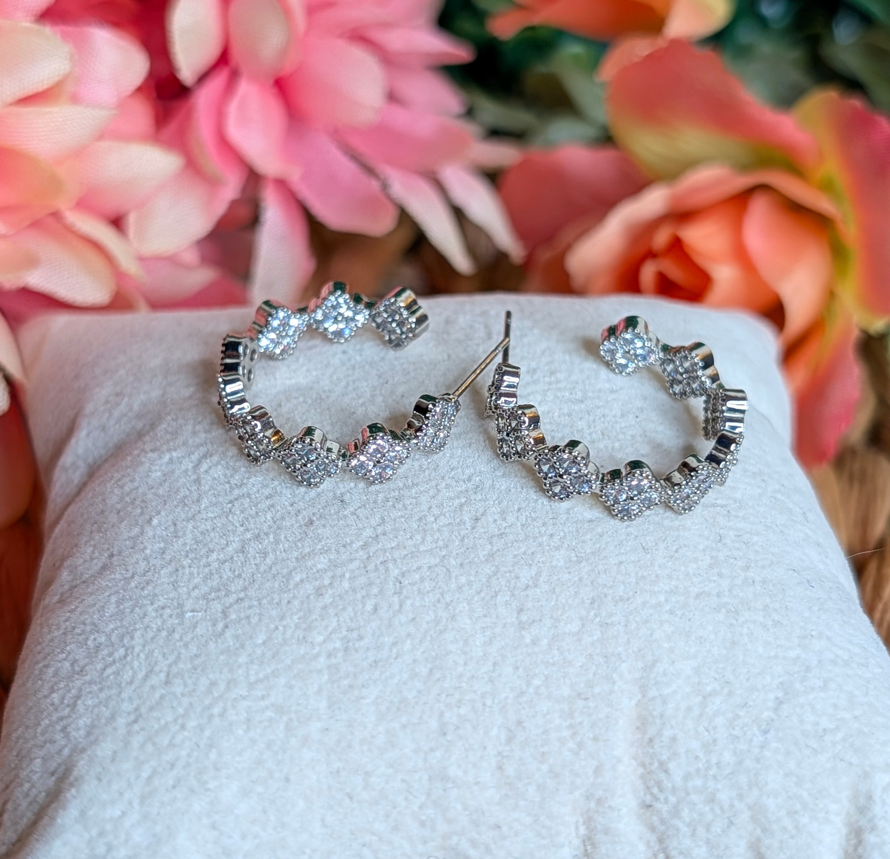 Silver Plated CZ Small Clover Hoop Earrings
