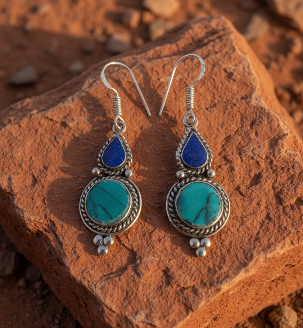 Lapis Teardrop & Turquoise Circle Dangle Earrings