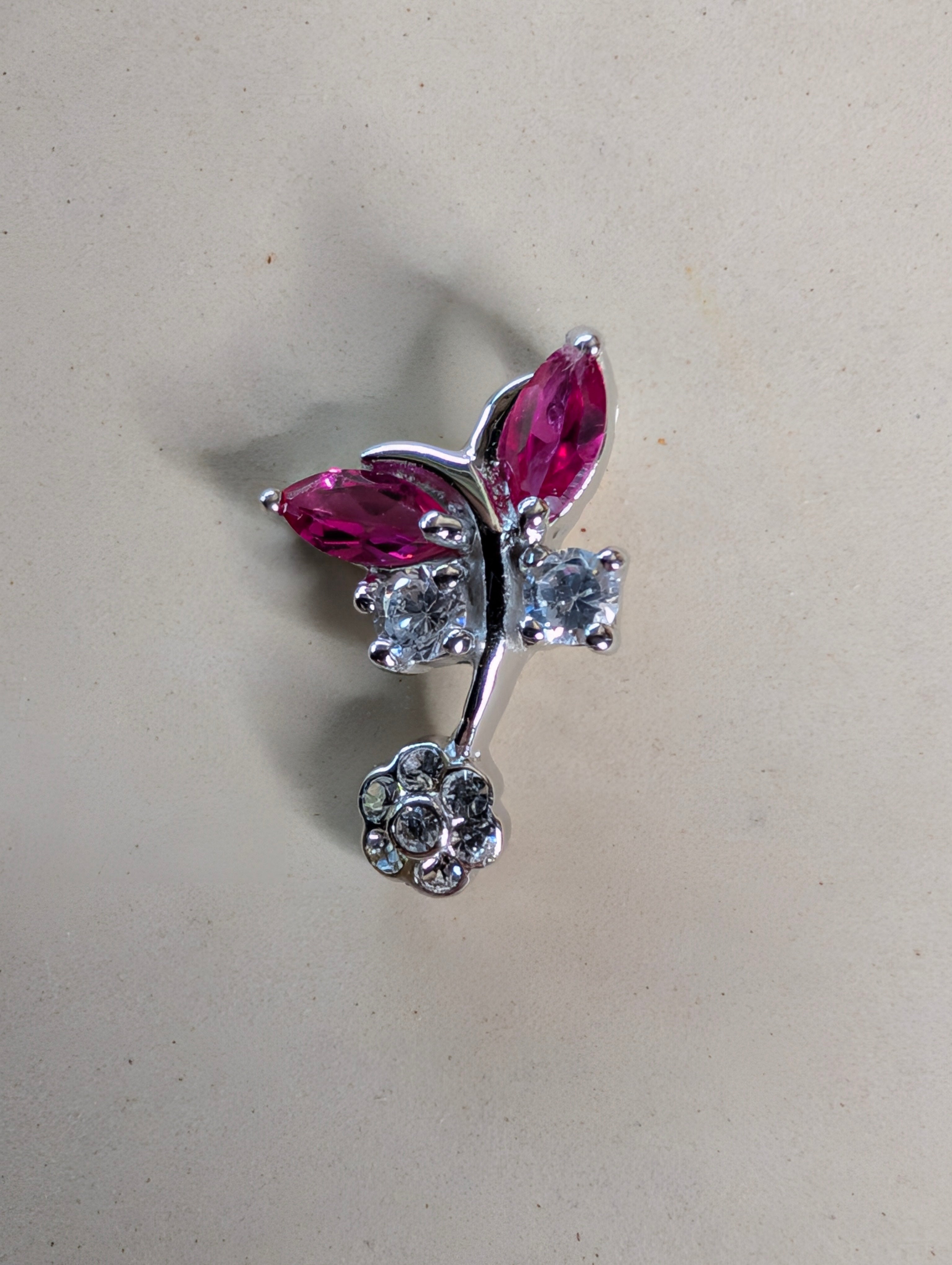 Sterling Silver CZ Hot Pink Gemstone Butterfly Earrings & Pendant Jewelry Set