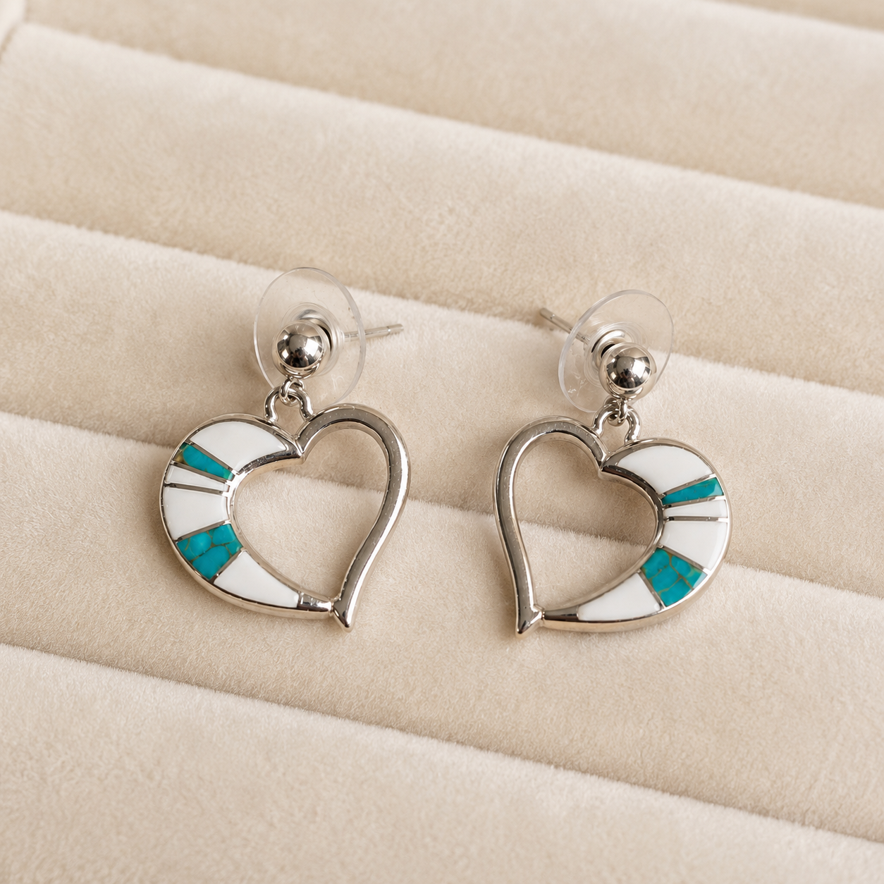 Handcrafted Sterling Silver MultiStone Turquoise White Buffalo Inlay Heart Shaped Earrings