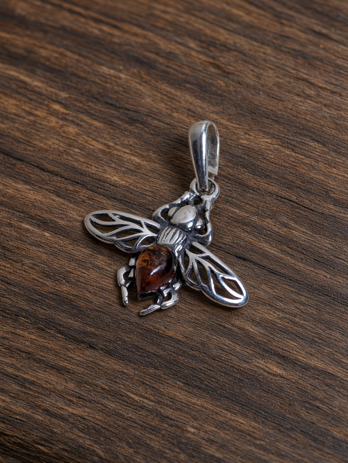 Handmade Bee Orange Honey Cognac Cabochon & Sterling Silver Pendant