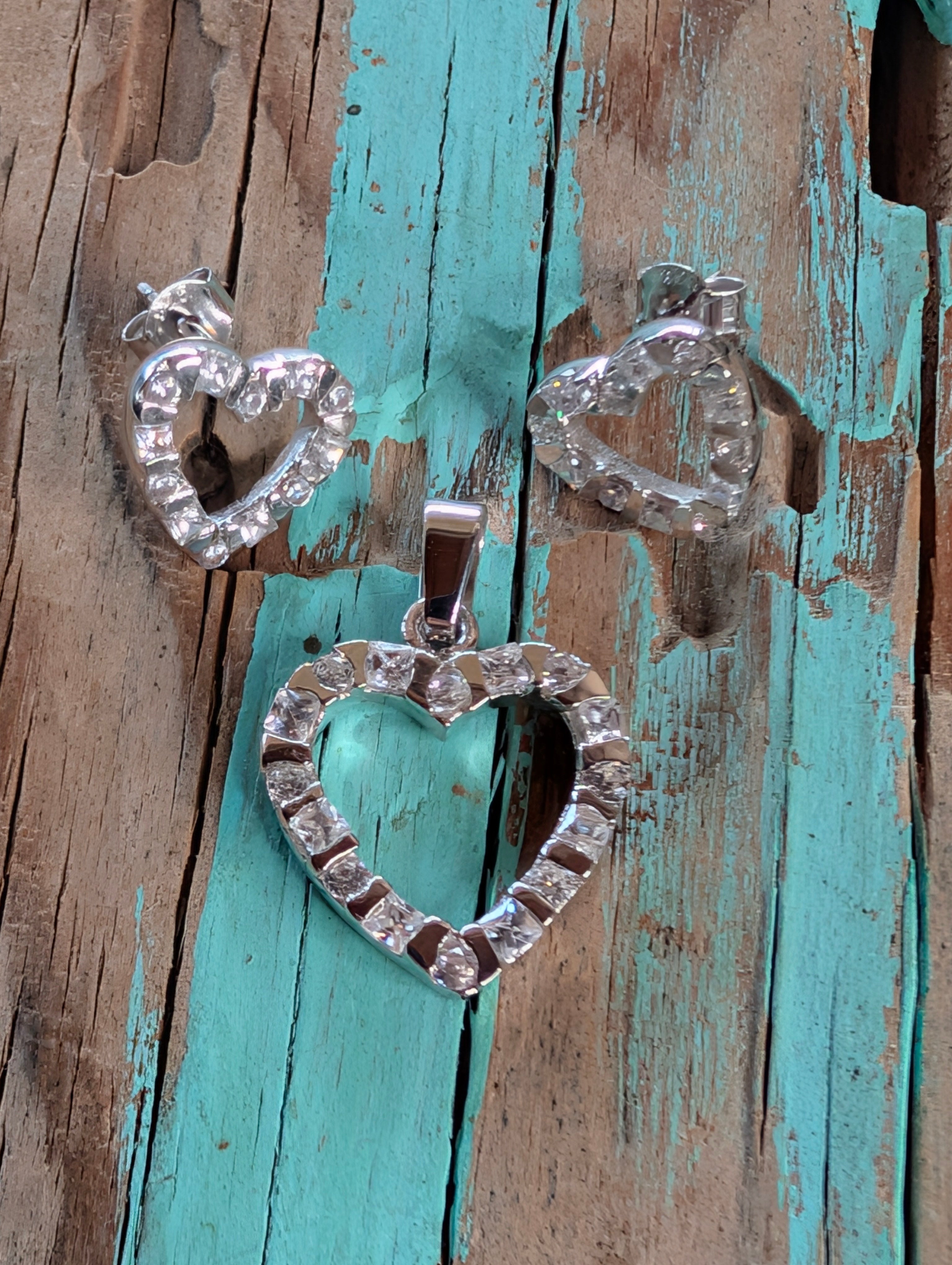 Sterling Silver CZ Heart Pendant & Stud Earrings Jewelry Set