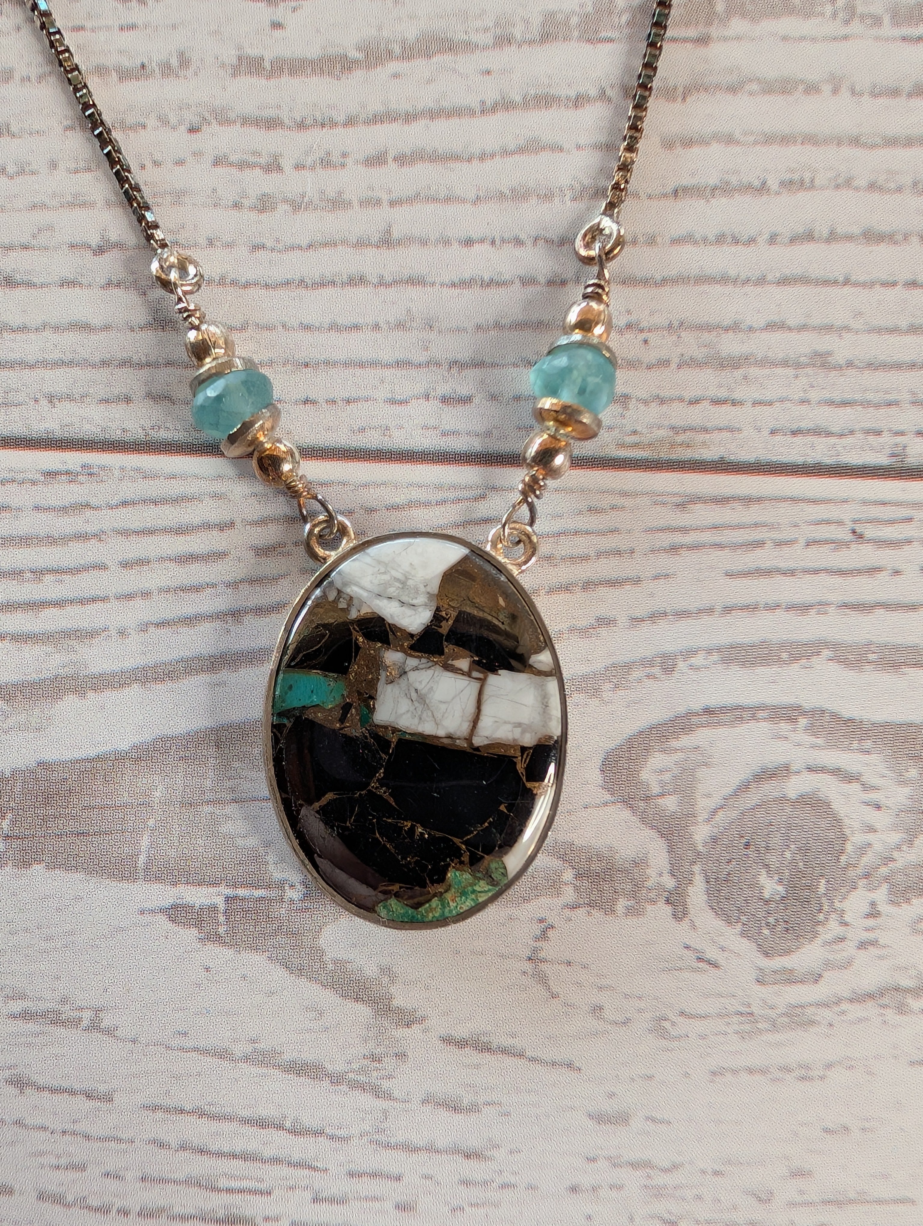 Mosaic Mojave Turquoise Gemstone With Aquamarine Beads Sterling Silver Necklace