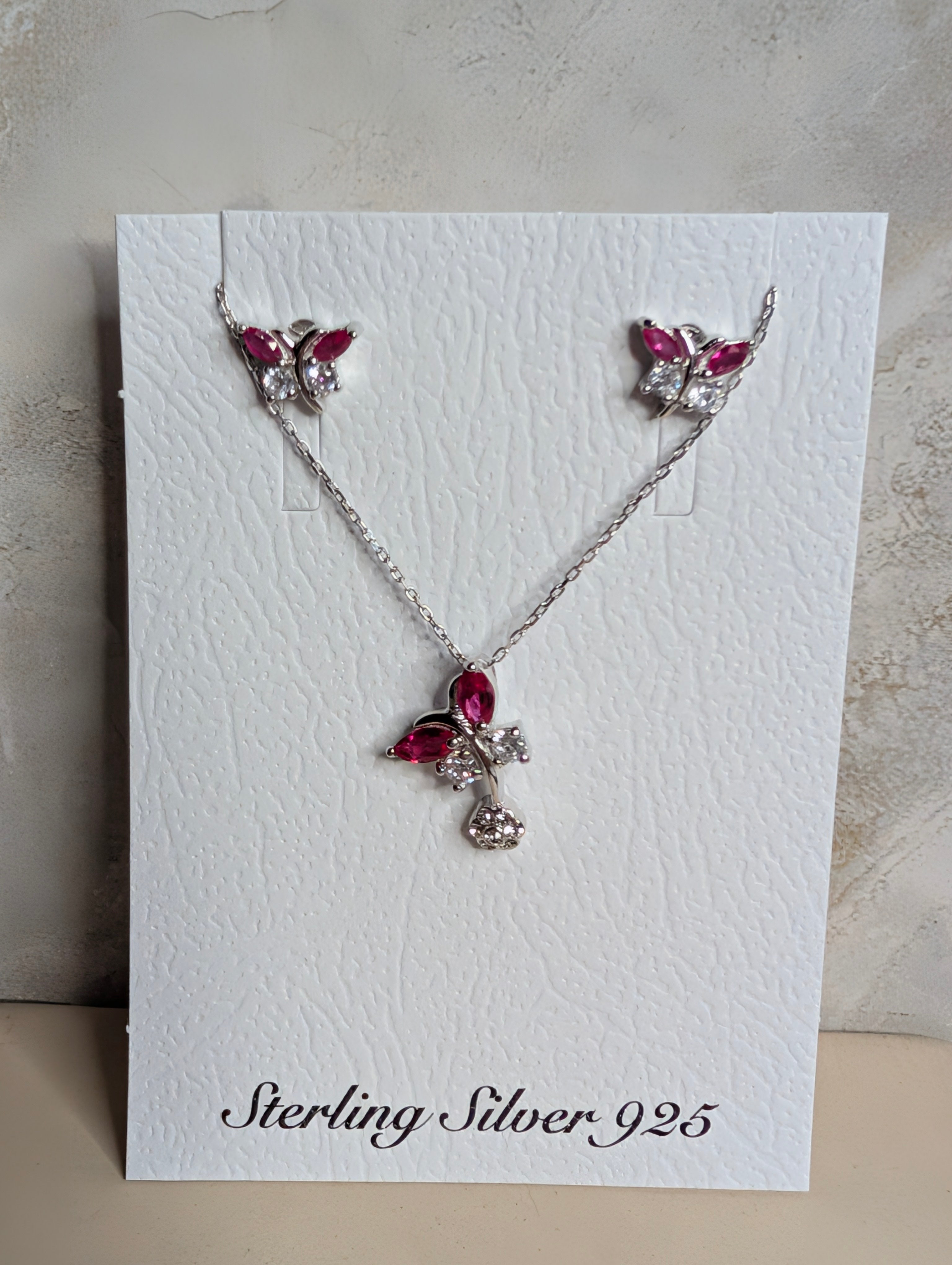 Sterling Silver Hot Pink CZ Butterfly Earrings & Necklace Jewelry Set