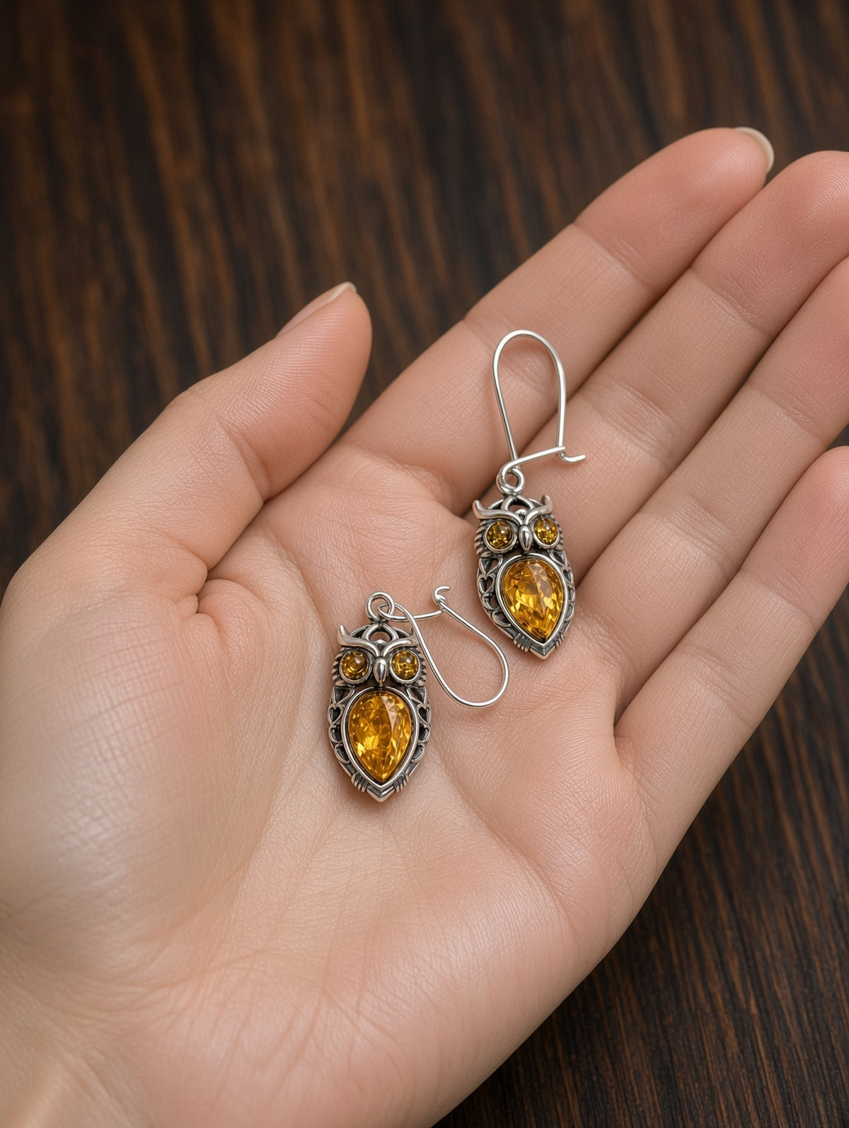 Handmade Owl Earrings with Yellow Inlay & Honey Cognac Cabochons In Sterling Silver