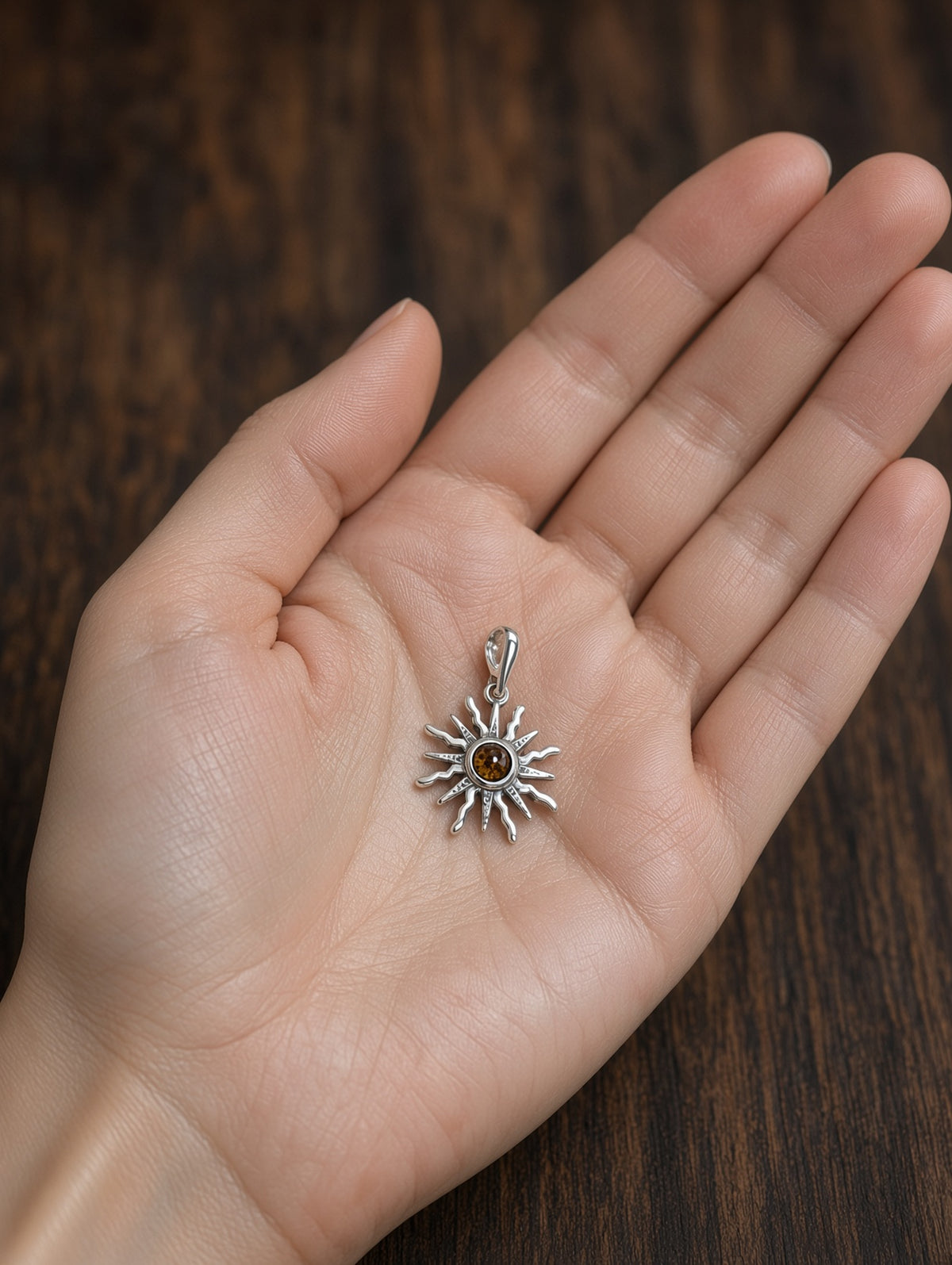 Handmade Sunburst Honey Cognac Cabochon & Sterling Silver Pendant